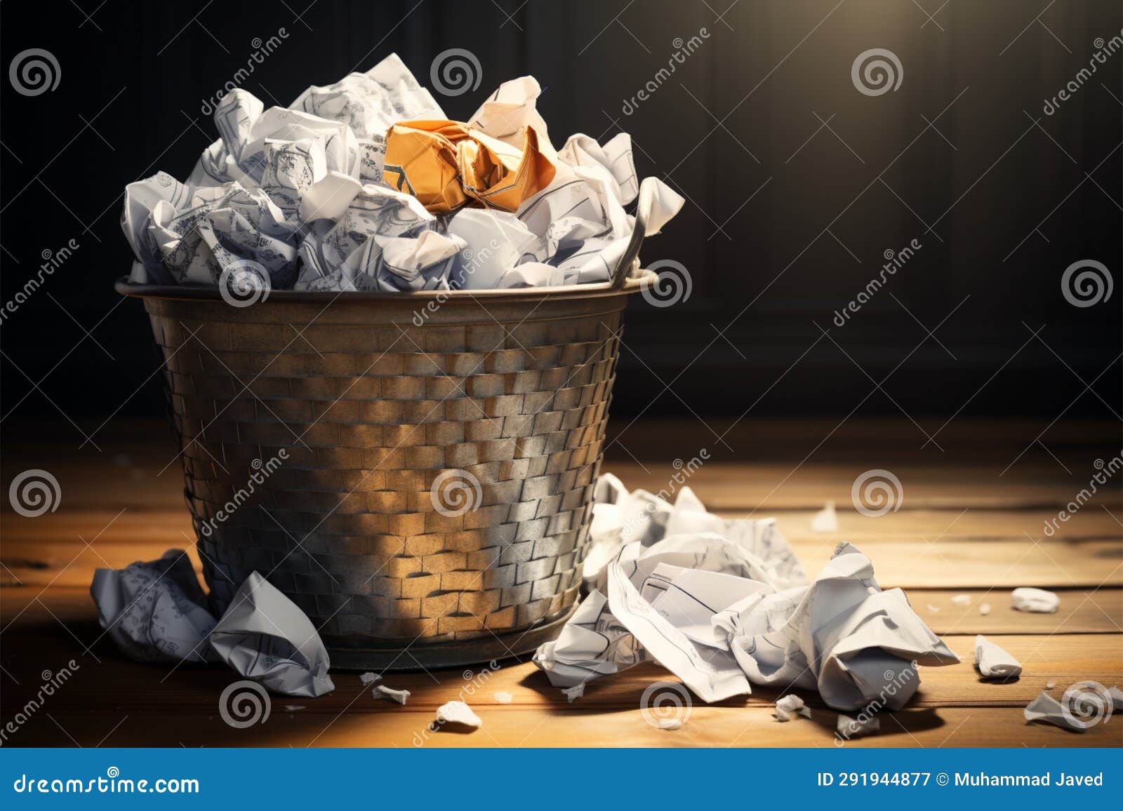 the trash can conceals a discarded and crumpled sheet of paper
