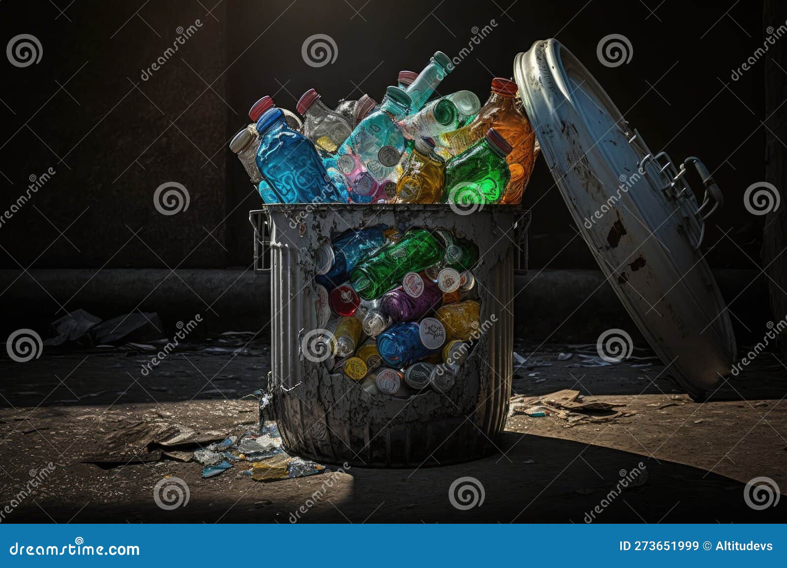 Trash Can Overflowing with Plastic Bottles, Discarded after Use Stock