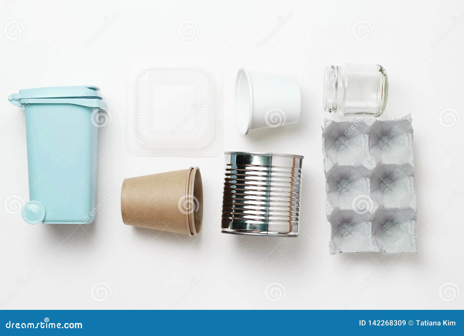 Trash Can and Plastic, Iron Garbage on White Background, Top View Stock
