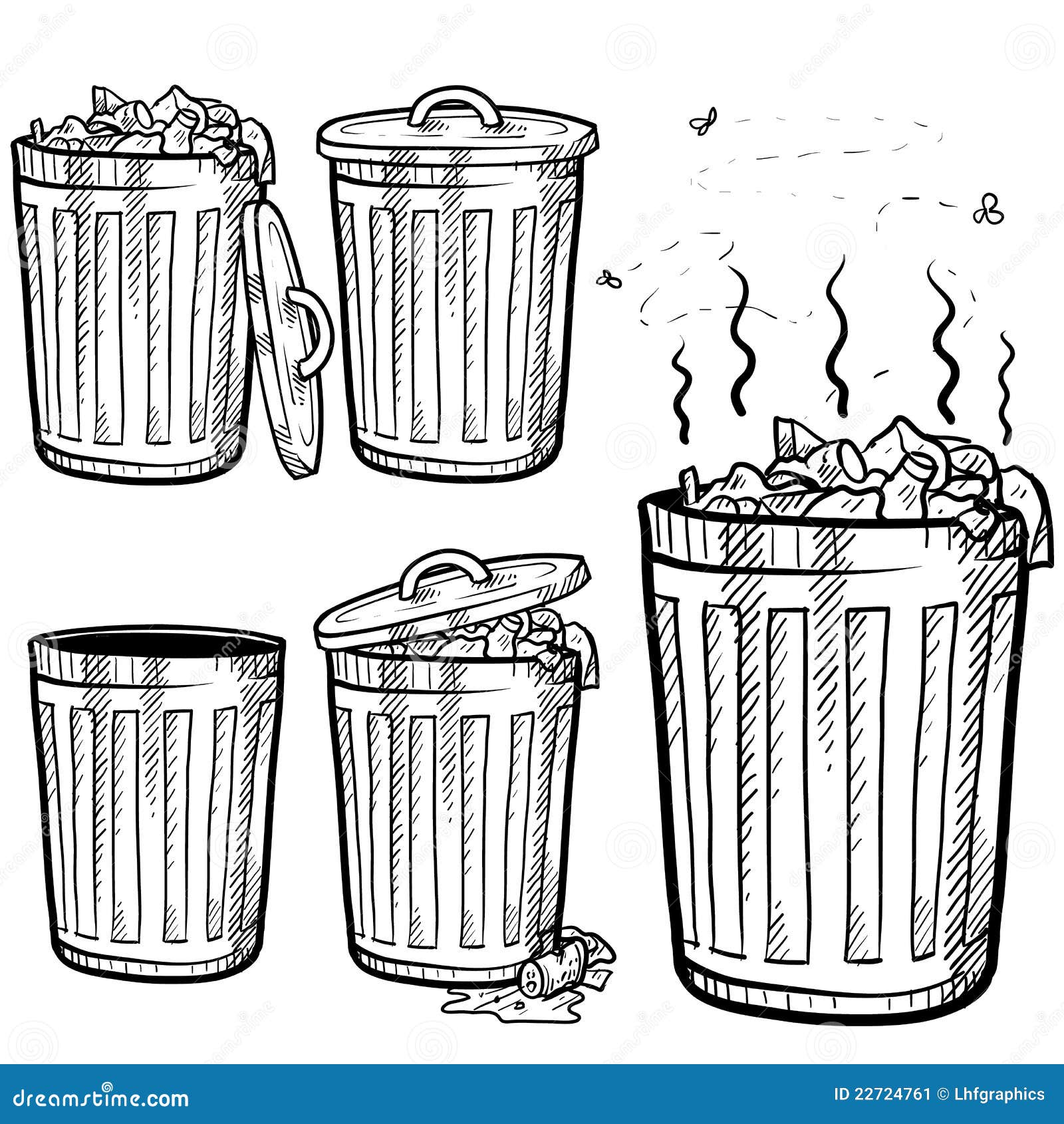 Trash can, doodle style, sketch illustration, set • wall stickers garbage  bin, dumpster, sketchy | myloview.com