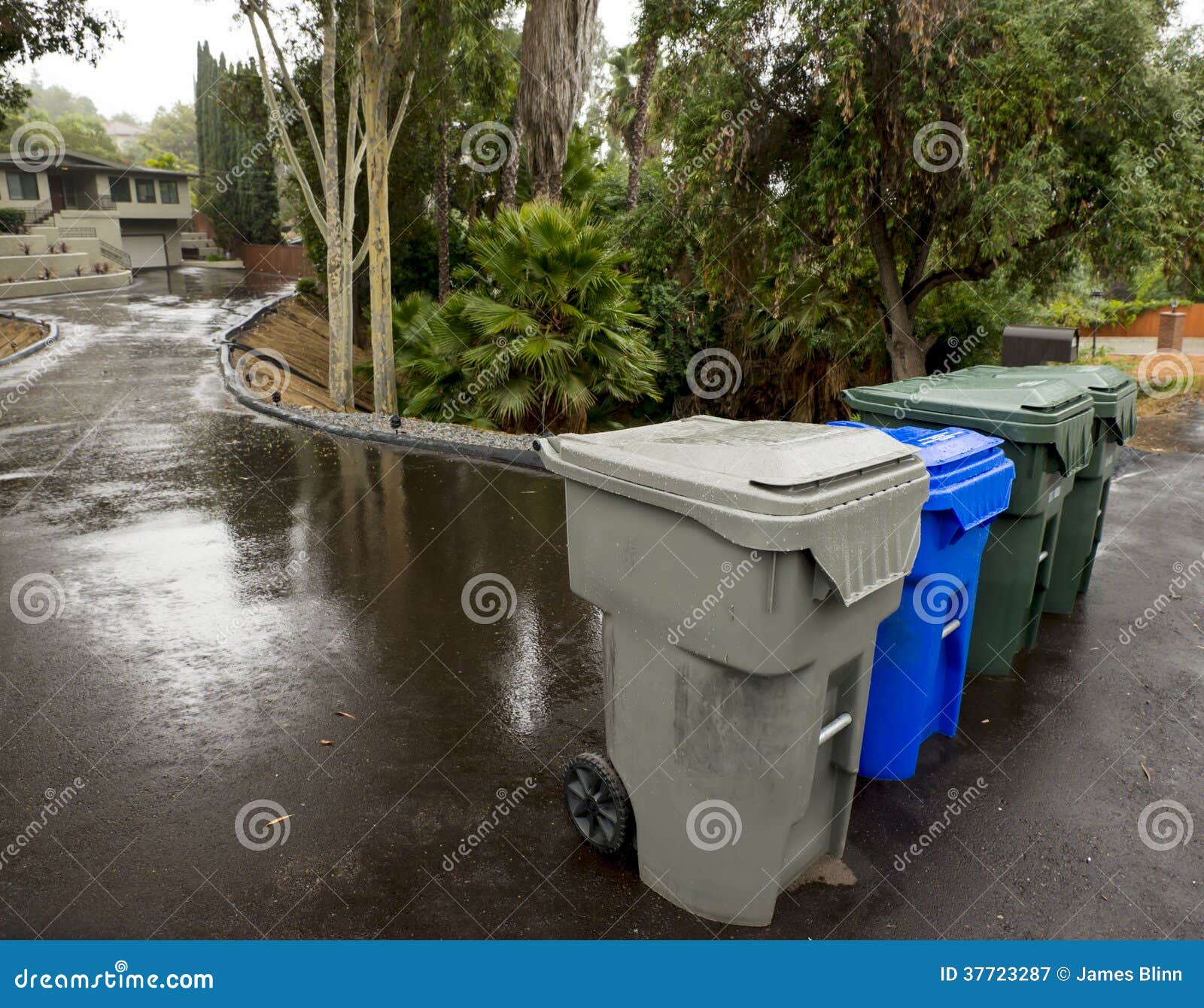 Trash Recycling And Green Leaf Bins On The Street Stock Image