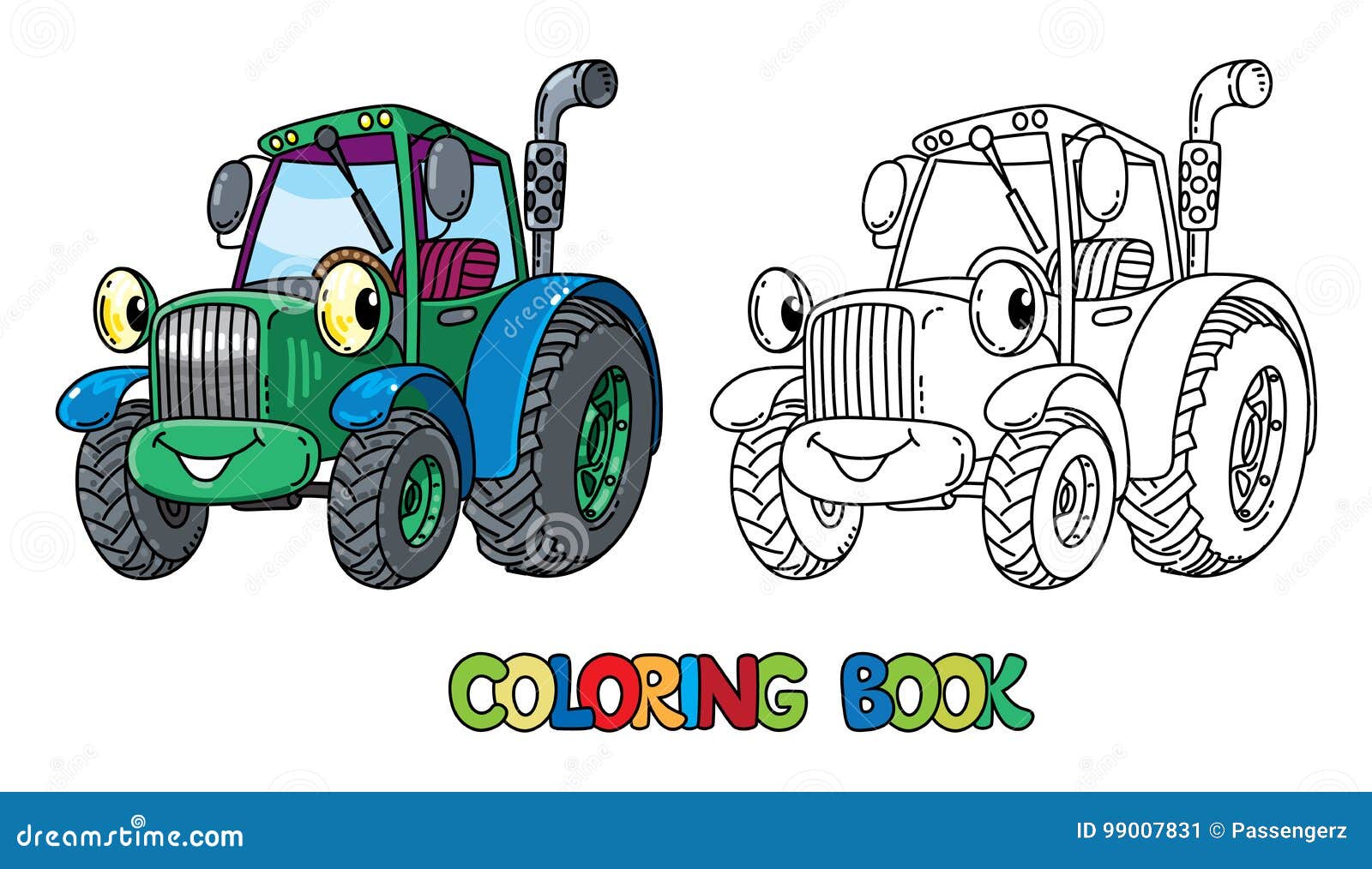 Trator pesado. veículo de brinquedo dos desenhos animados com cara  engraçada. página do livro para colorir para crianças.