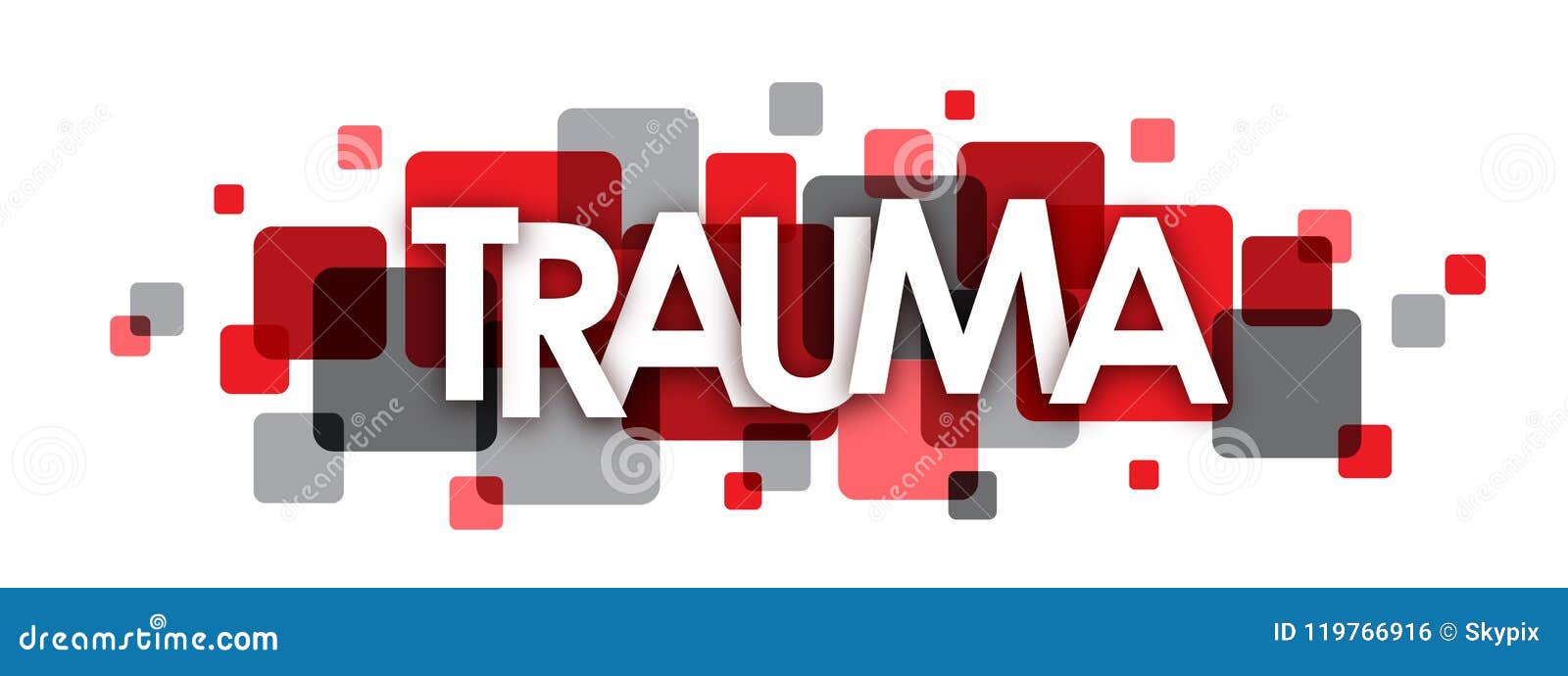 TRAUMA Red and Grey Overlapping Squares Banner Stock Vector