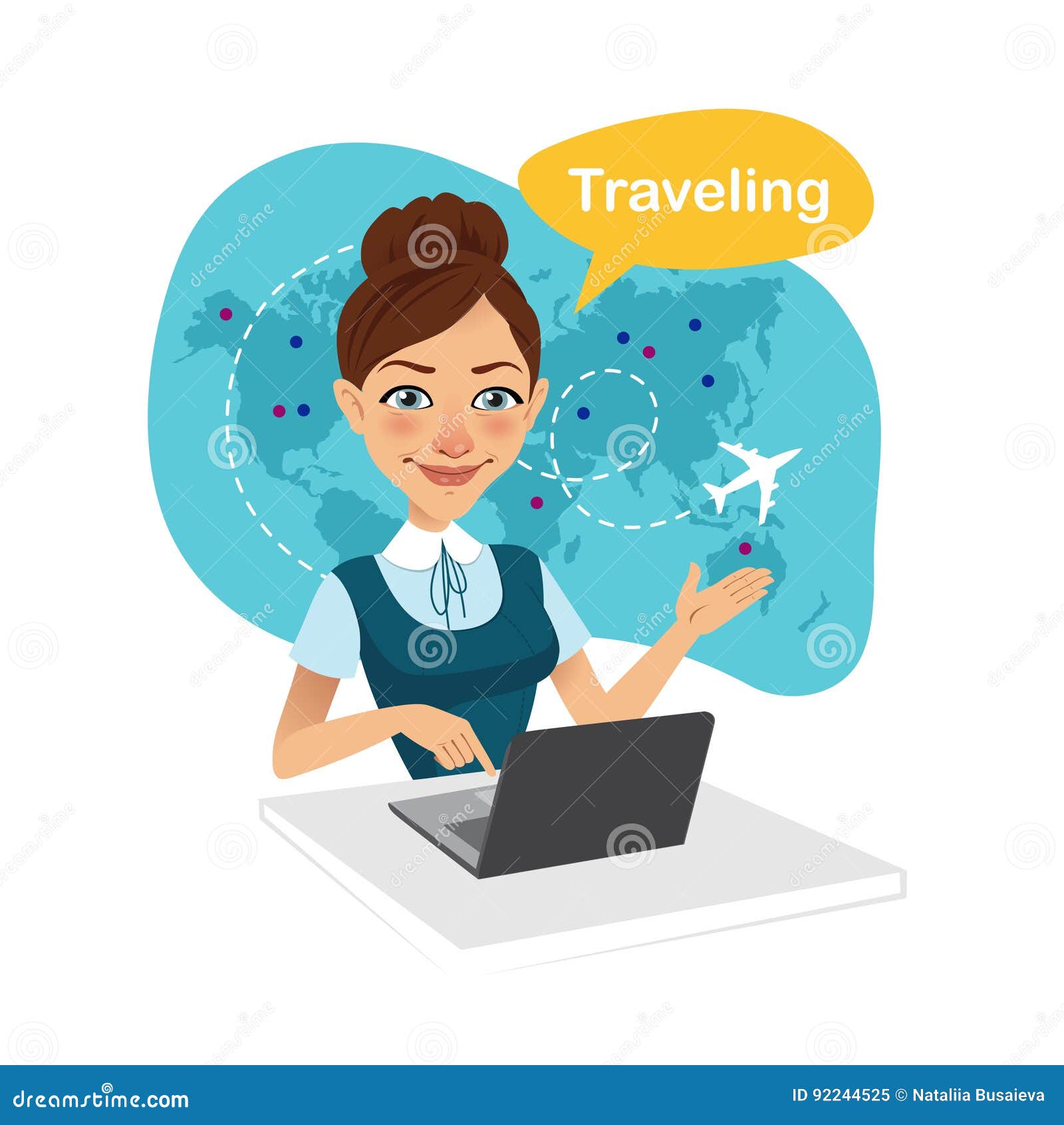 Travel Agency Banner. Woman Sitting at Table in Office. Travel Agent  Working for Laptop Stock Vector - Illustration of tourism, international:  92244525
