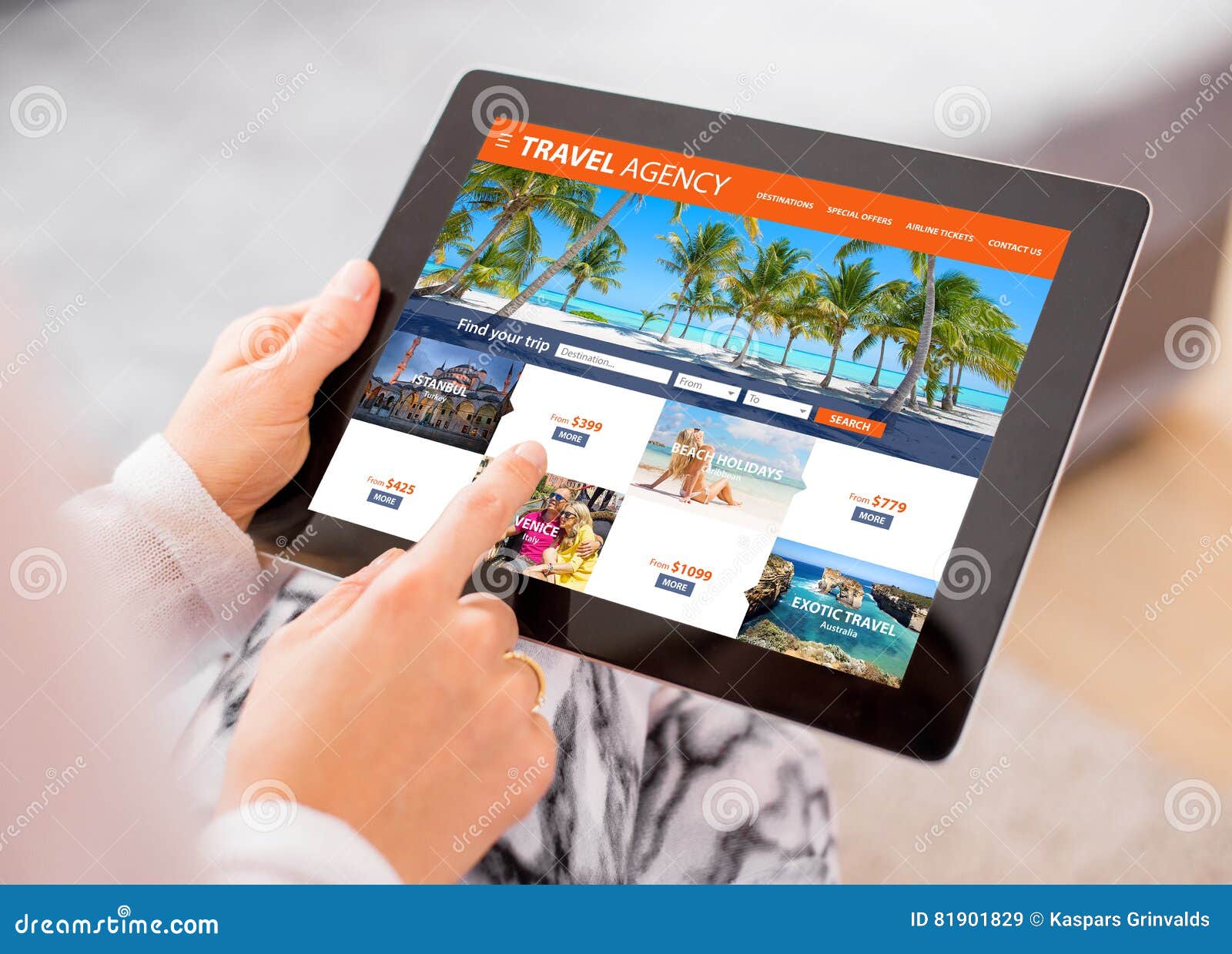 travel agency`s website on tablet computer