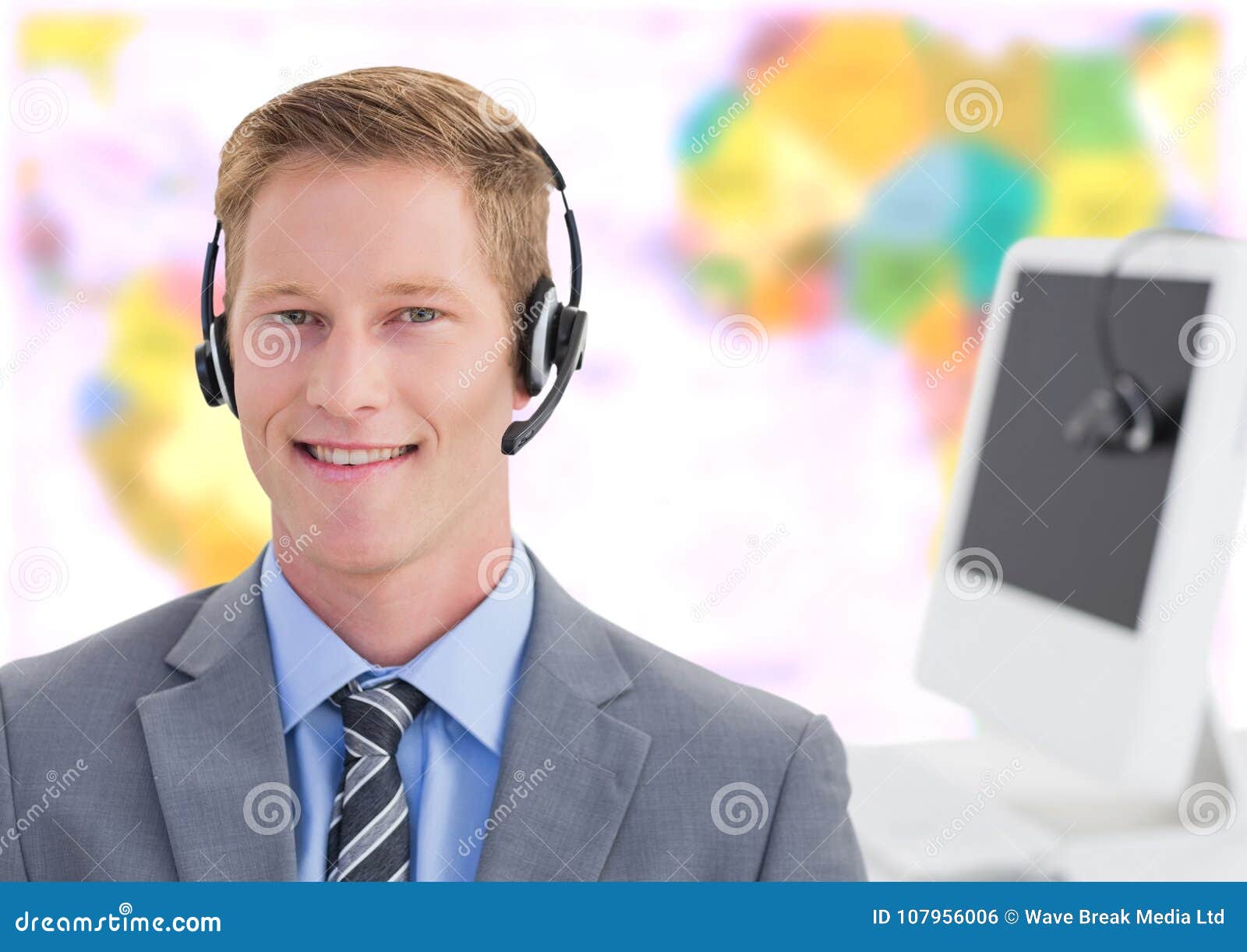 Travel Agent Man Wearing Headset in Front of World Map Stock Photo Image of geography