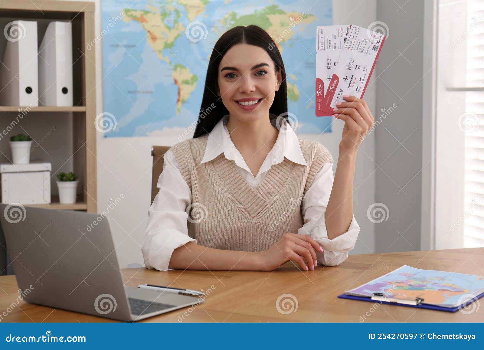 Travel Agent with Tickets at Table in Office Stock Image Image of
