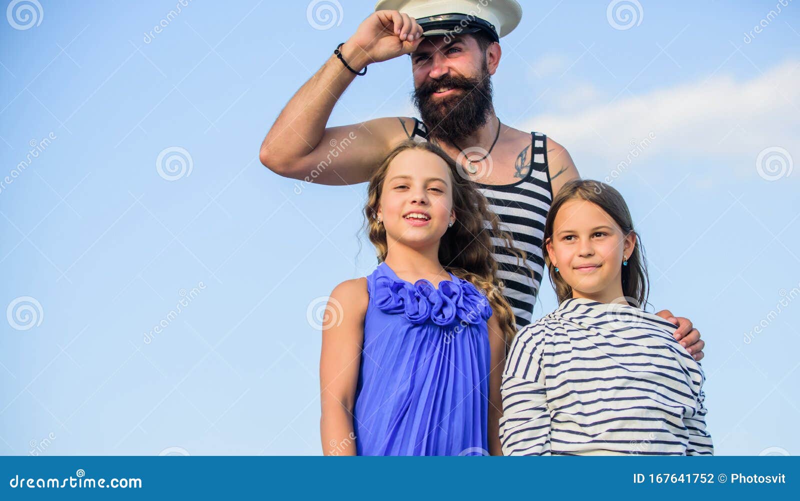 Dad Sailor And Daughters Outdoors. 