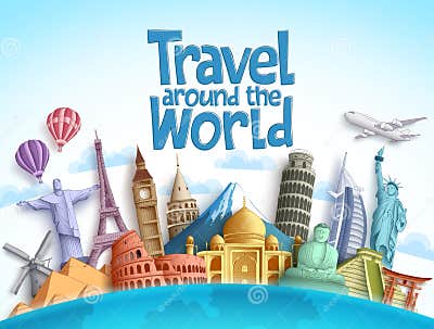 Travel Around the World Vector Design with Famous Landmarks and Tourist ...