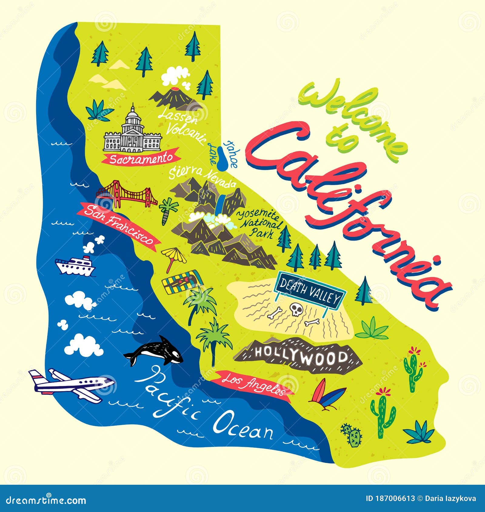 illustrated map of  california, usa.