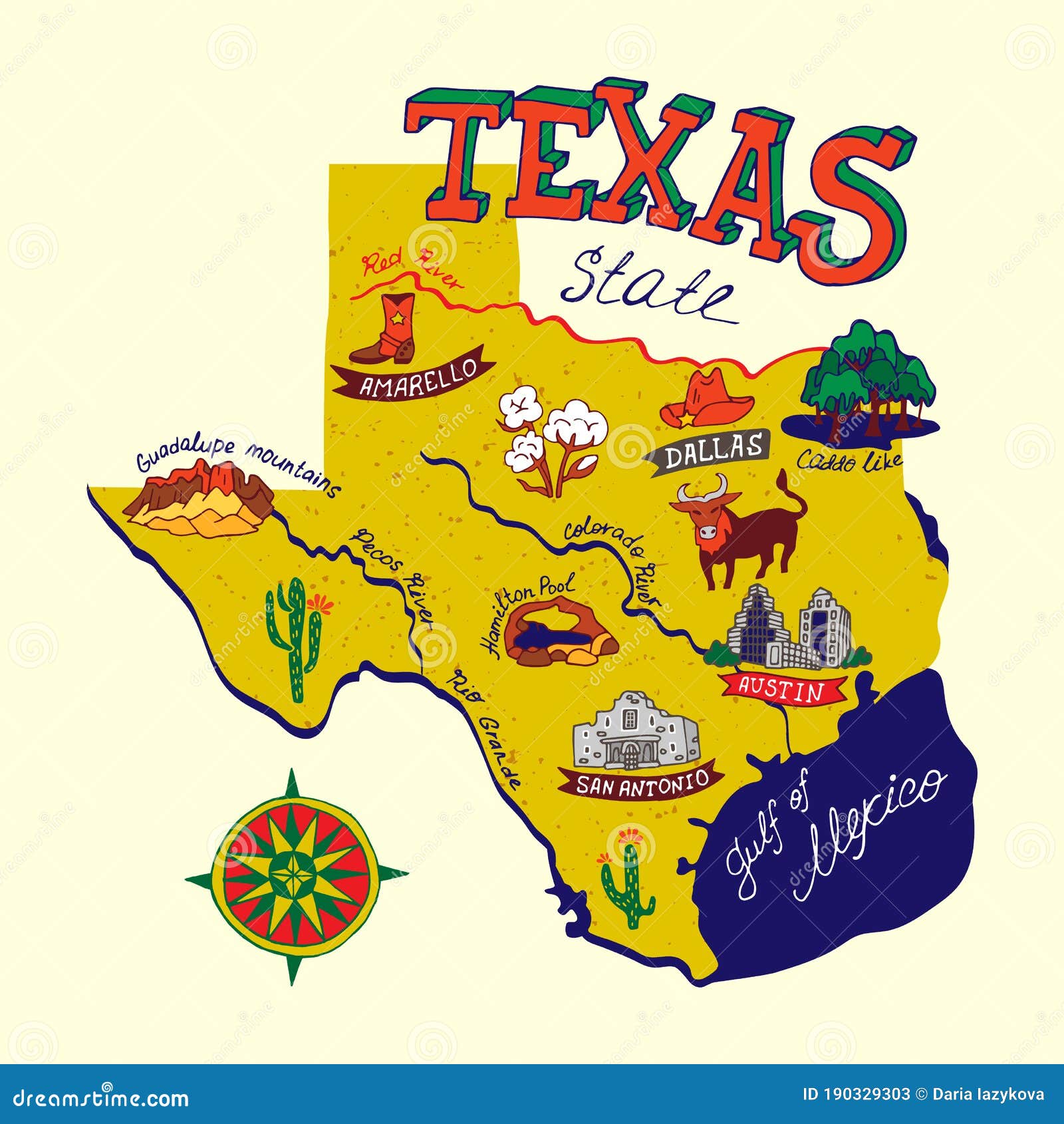 illustrated map of  texas state, usa.