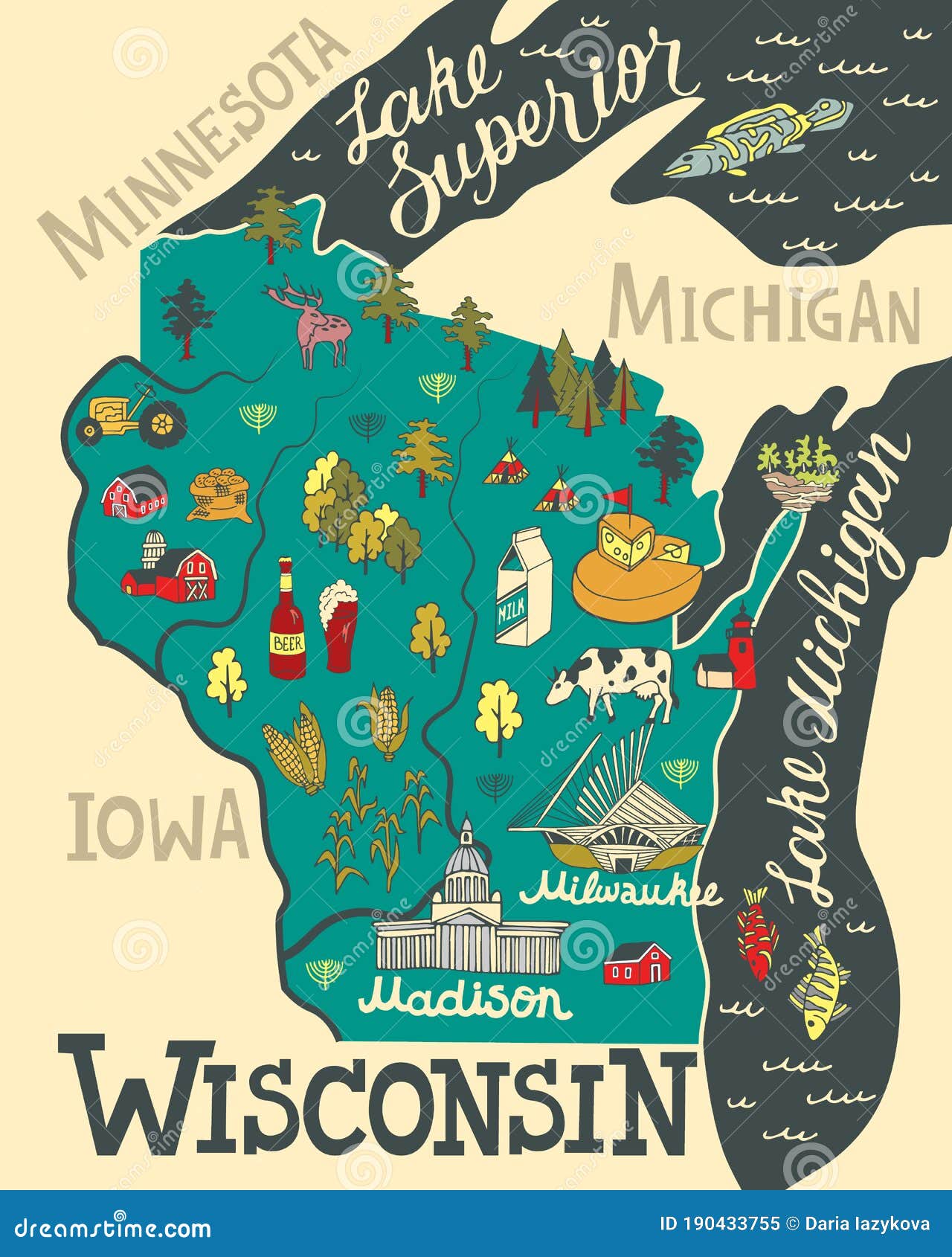 Illustrated Map Of Wisconsin Usa Stock Vector Illustration Of House