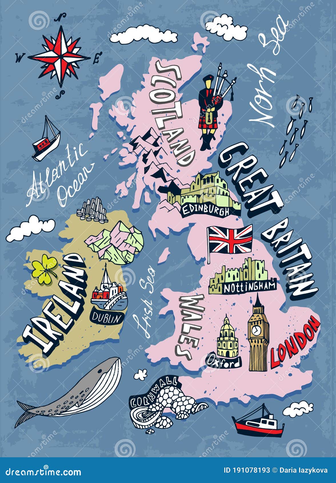 tourist illustrated map of the great britain and ireland.