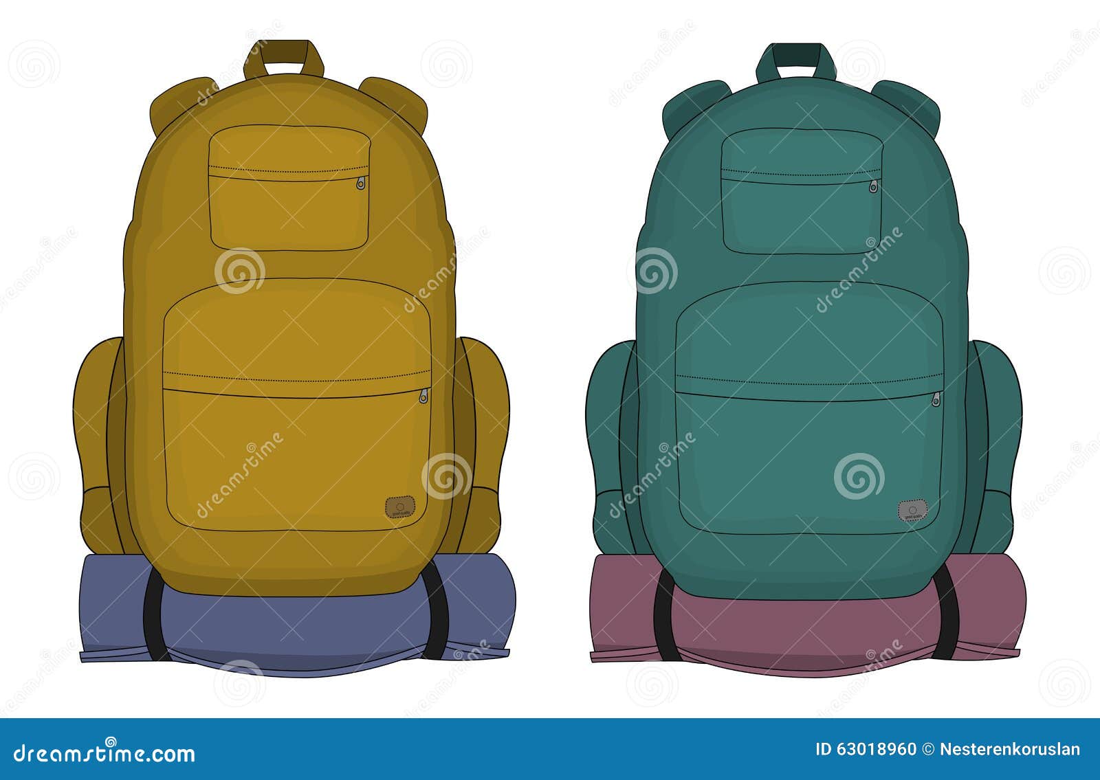 Travel backpacks. Mustard and aqua blue colors. Travel backpacks with mattress. Mustard and aqua blue colors. Vector clip art illustrations on white