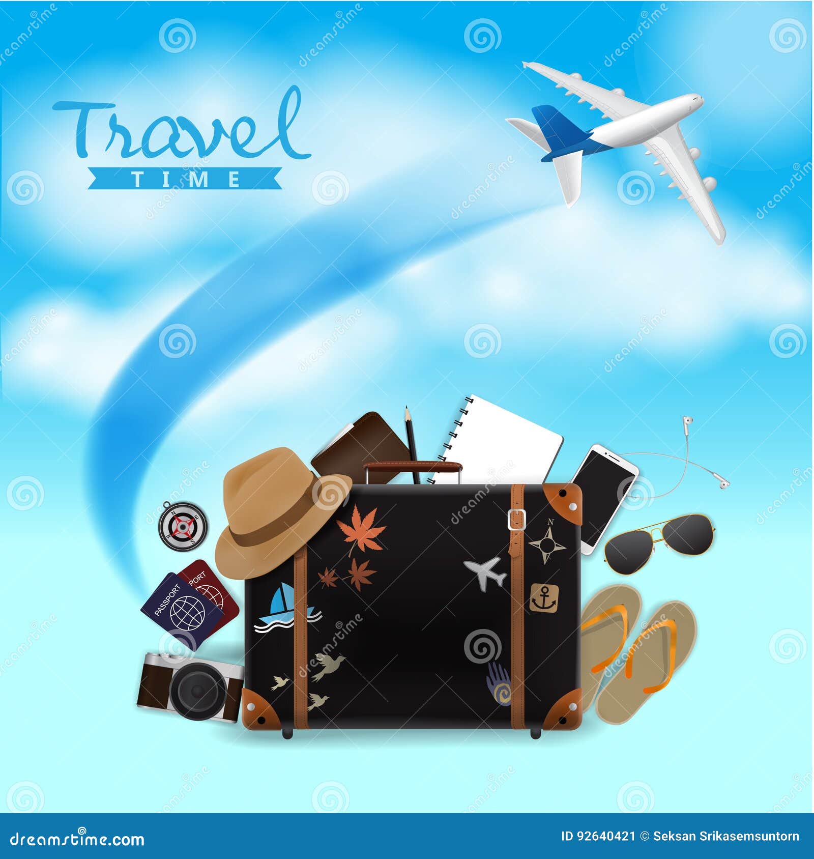 Travel Bag with Airplane on Blue Background Stock Vector Illustration