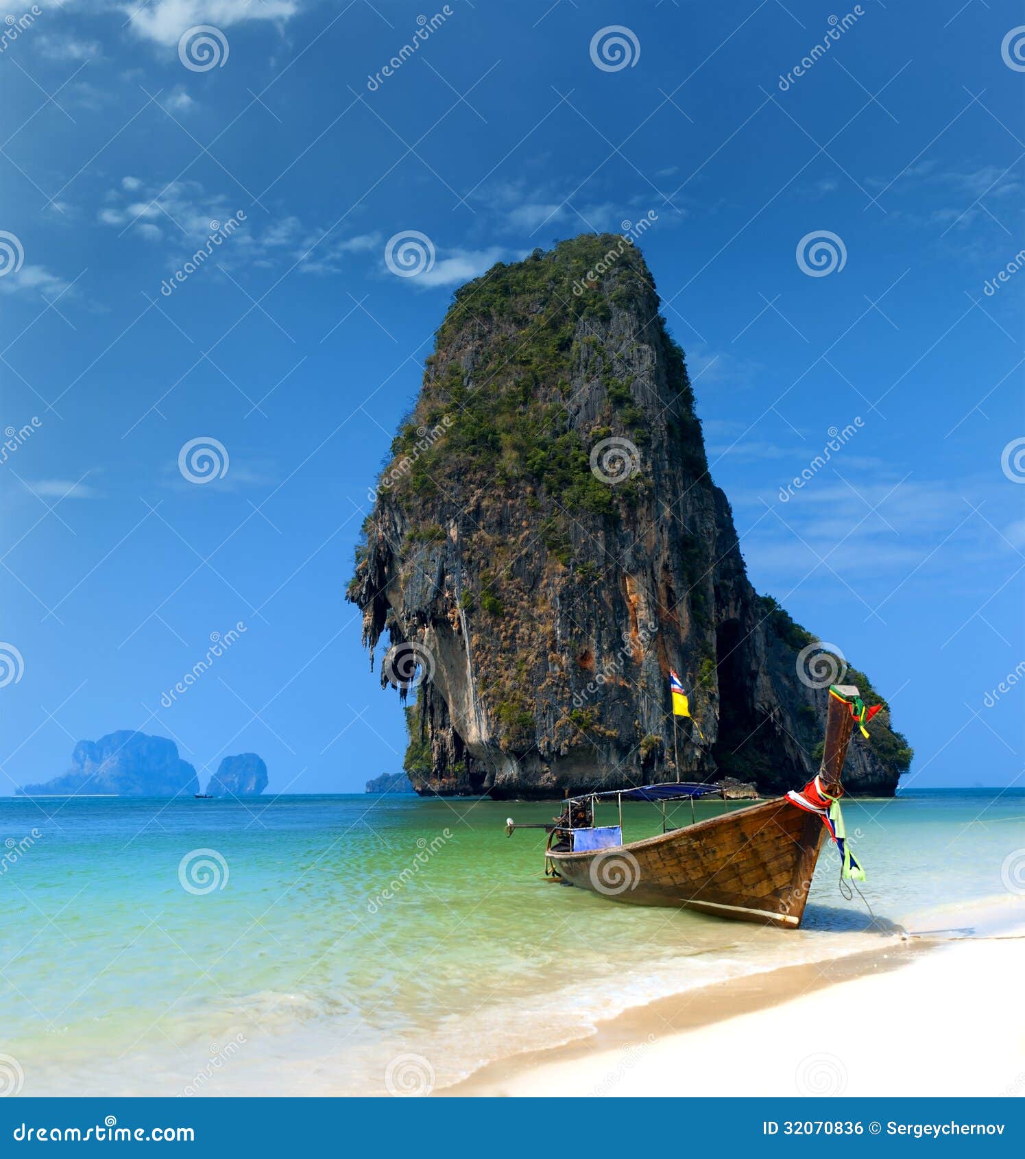 travel boat on thailand island beach. tropical coast asia landscape background