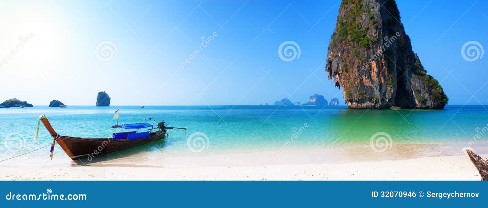 travel boat on thailand island beach. tropical coast asia landscape background