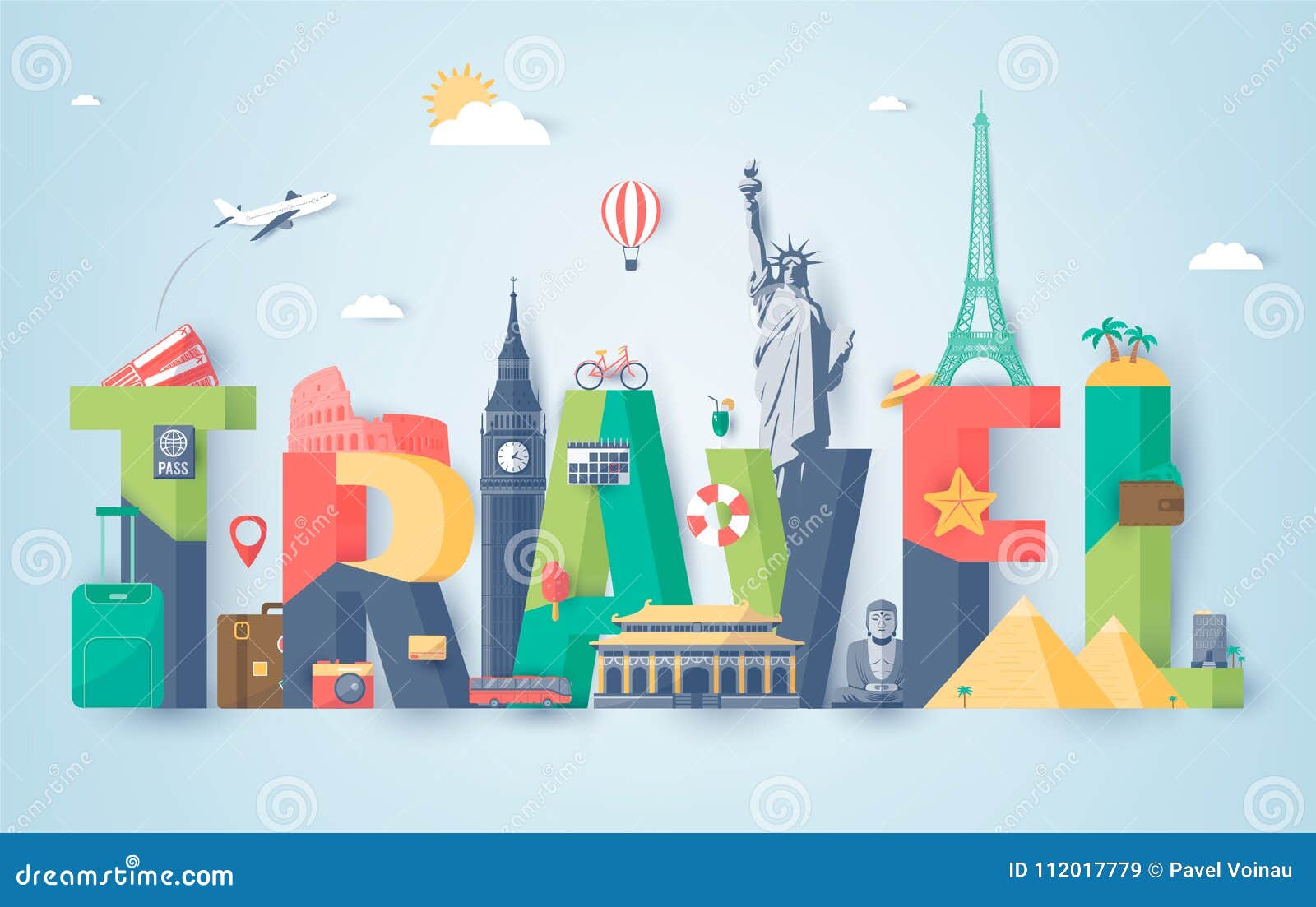 Travel Composition with Famous World Landmarks. Travel and Tourism ...