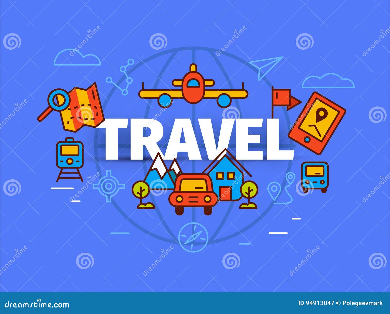 Travel Concept in Flat Solid Line Design. Map Markers and ...