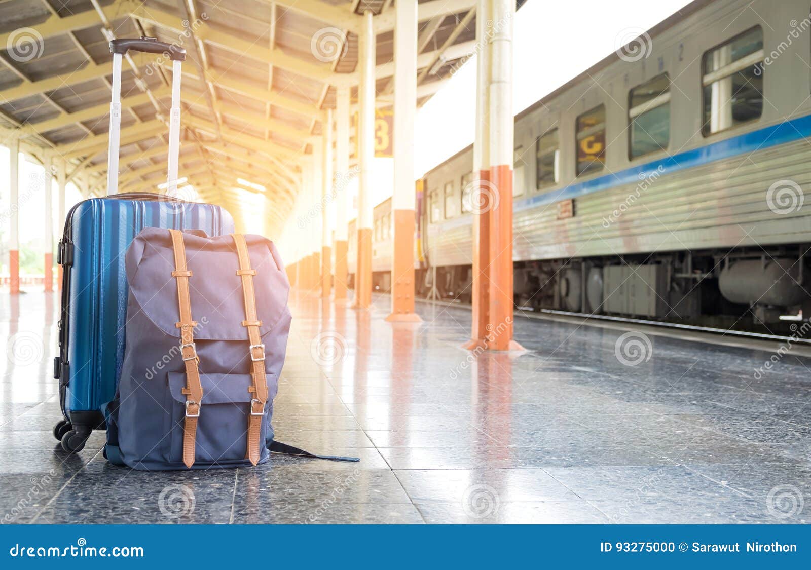 Travel Concept,Luggage Lined by Railway Platforms. Stock Photo Image