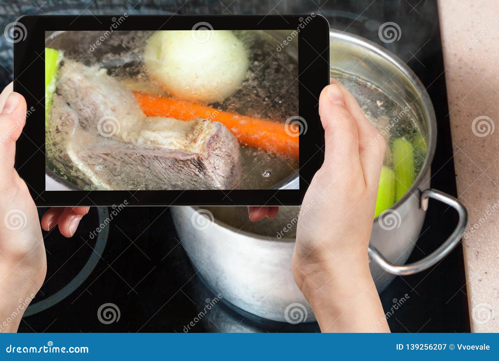 Boiling Beef Broth in Steel Stewpan Close Up Stock Image - Image of
