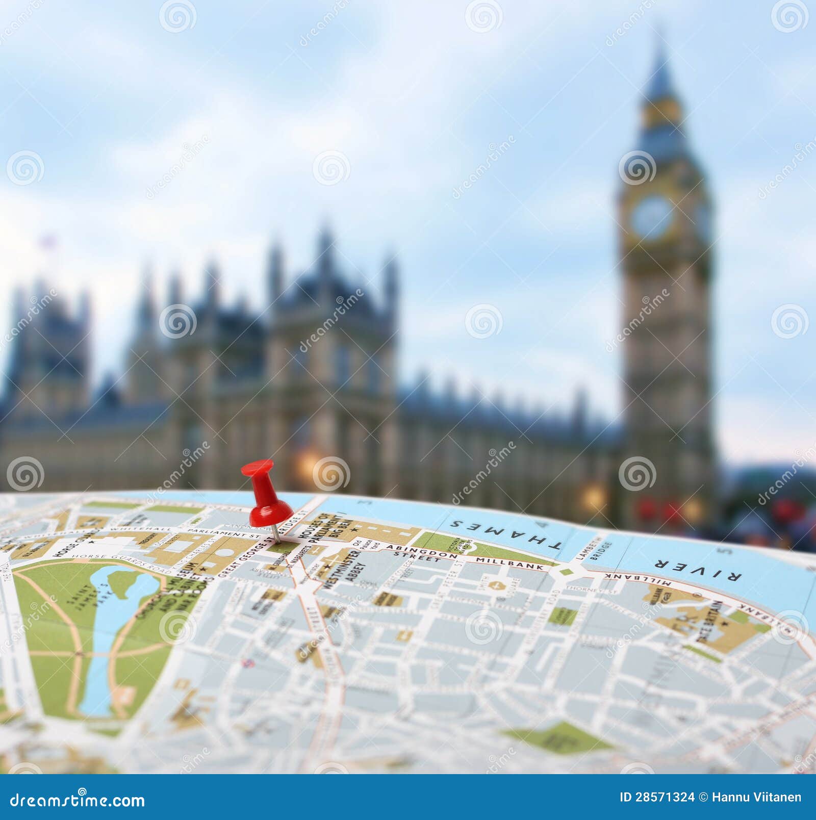 travel destination london map push pin blur