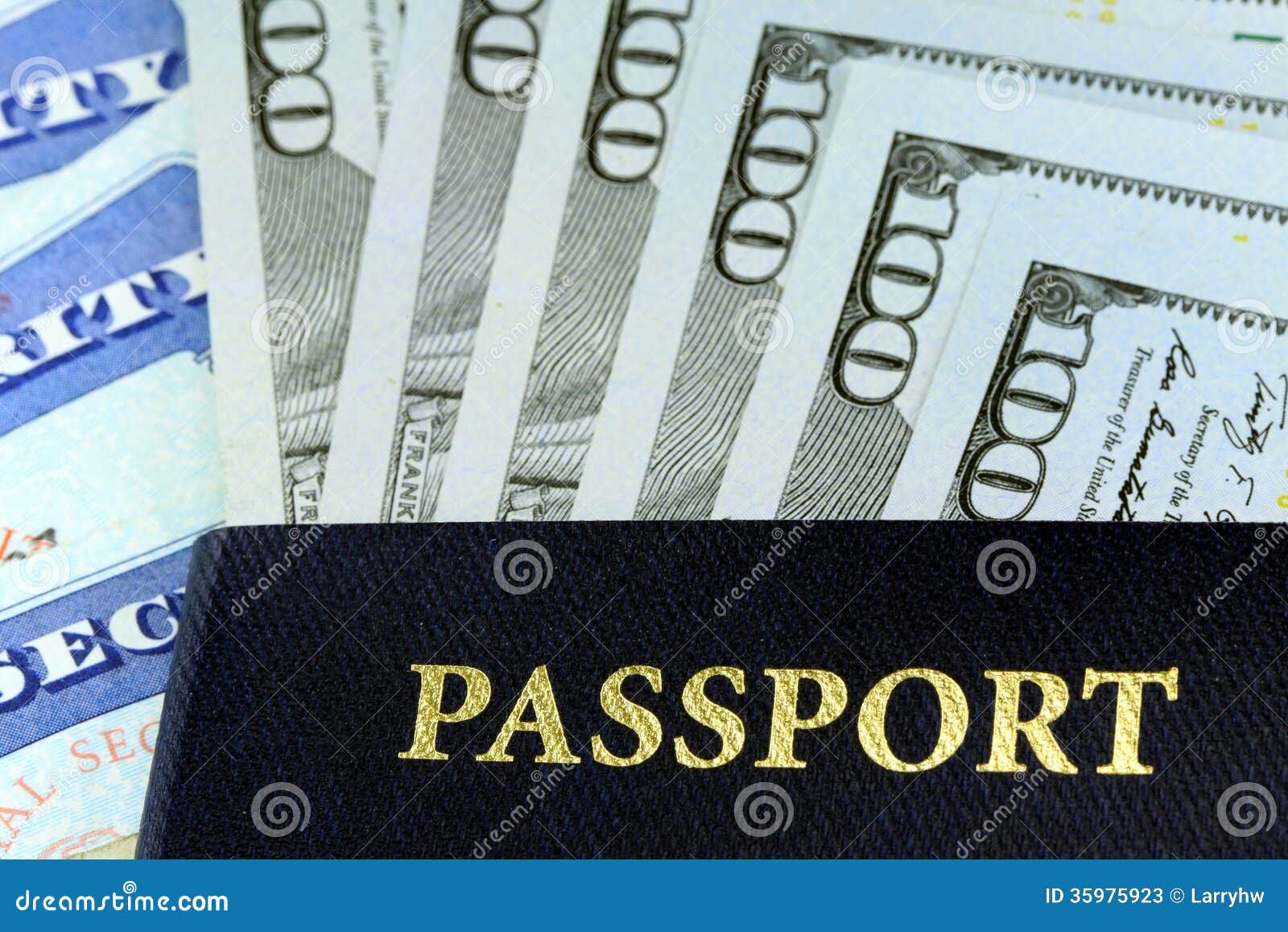 Travel Documents - USA Passport with American Currency Stock Image