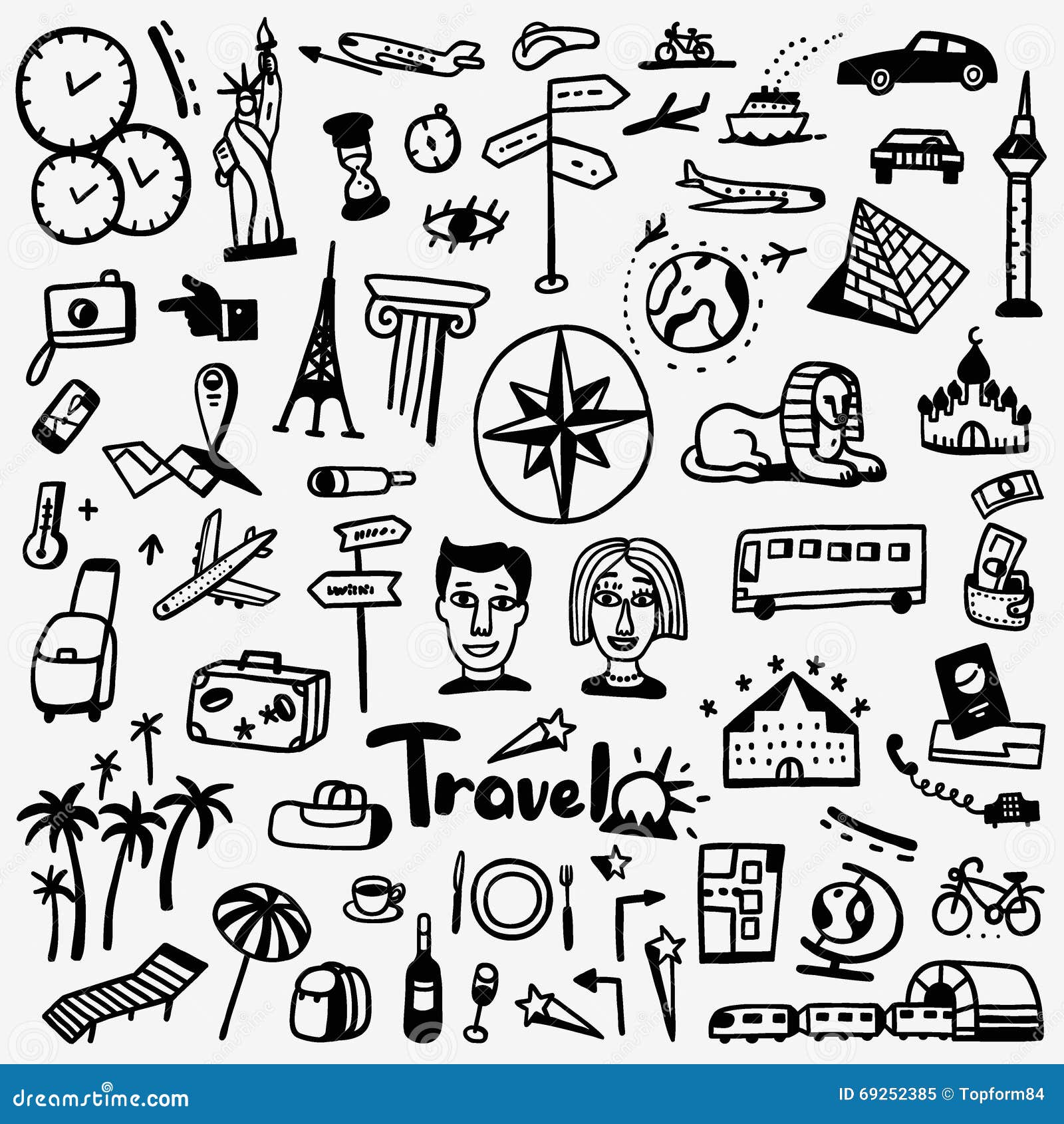 Travel doodles set stock vector. Illustration of landmarks - 69252385