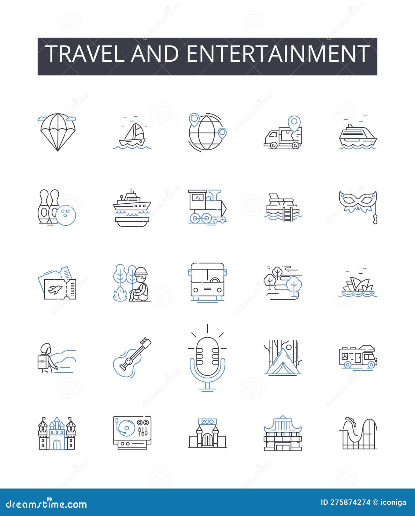 Travel and Entertainment Line Icons Collection. Journey, Excursion