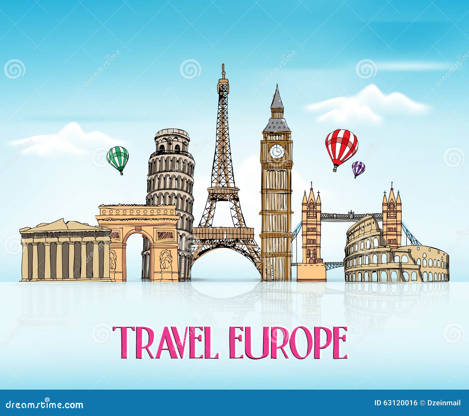 travel europe hand drawing with famous landmarks