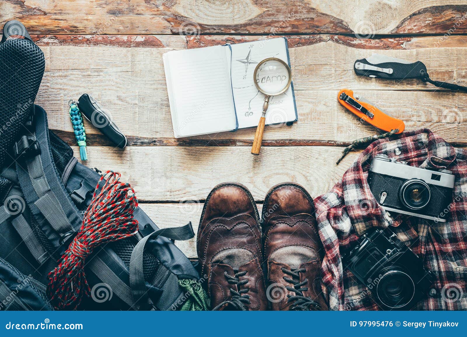 Travel Hiking Accessories on Old Wooden Table, Top View. Adventure  Vacations Journey Outdoor Concept Stock Photo - Image of background,  backpack: 97995476