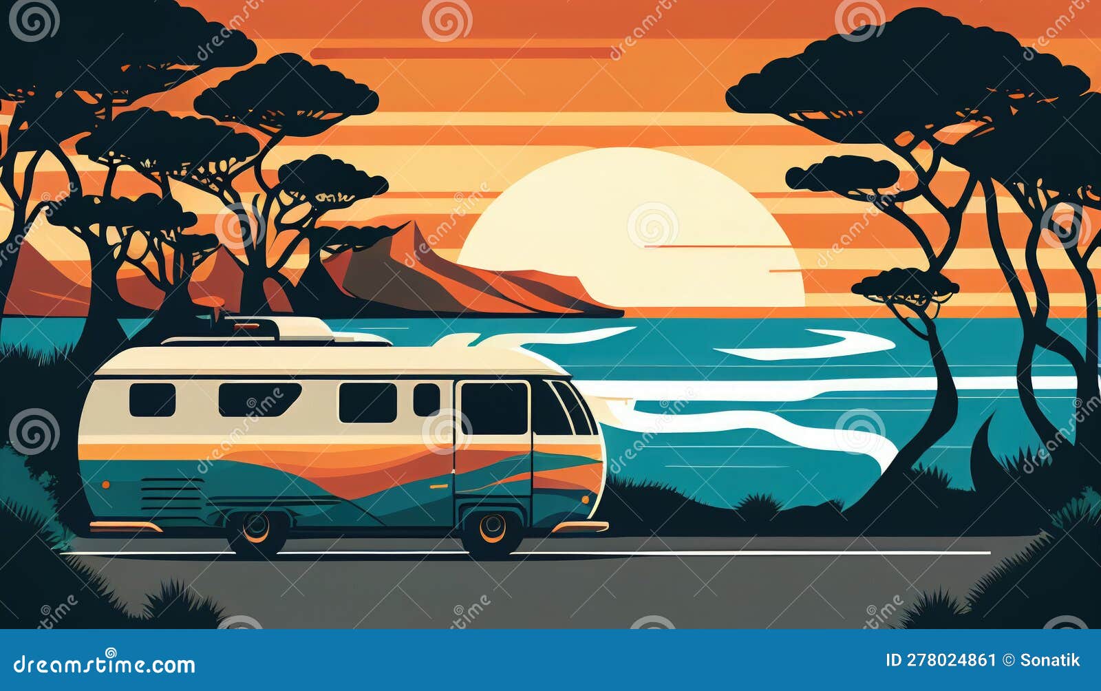 Retro Van Driving Along the Ocean, in Bold Colors and Strong Lines ...