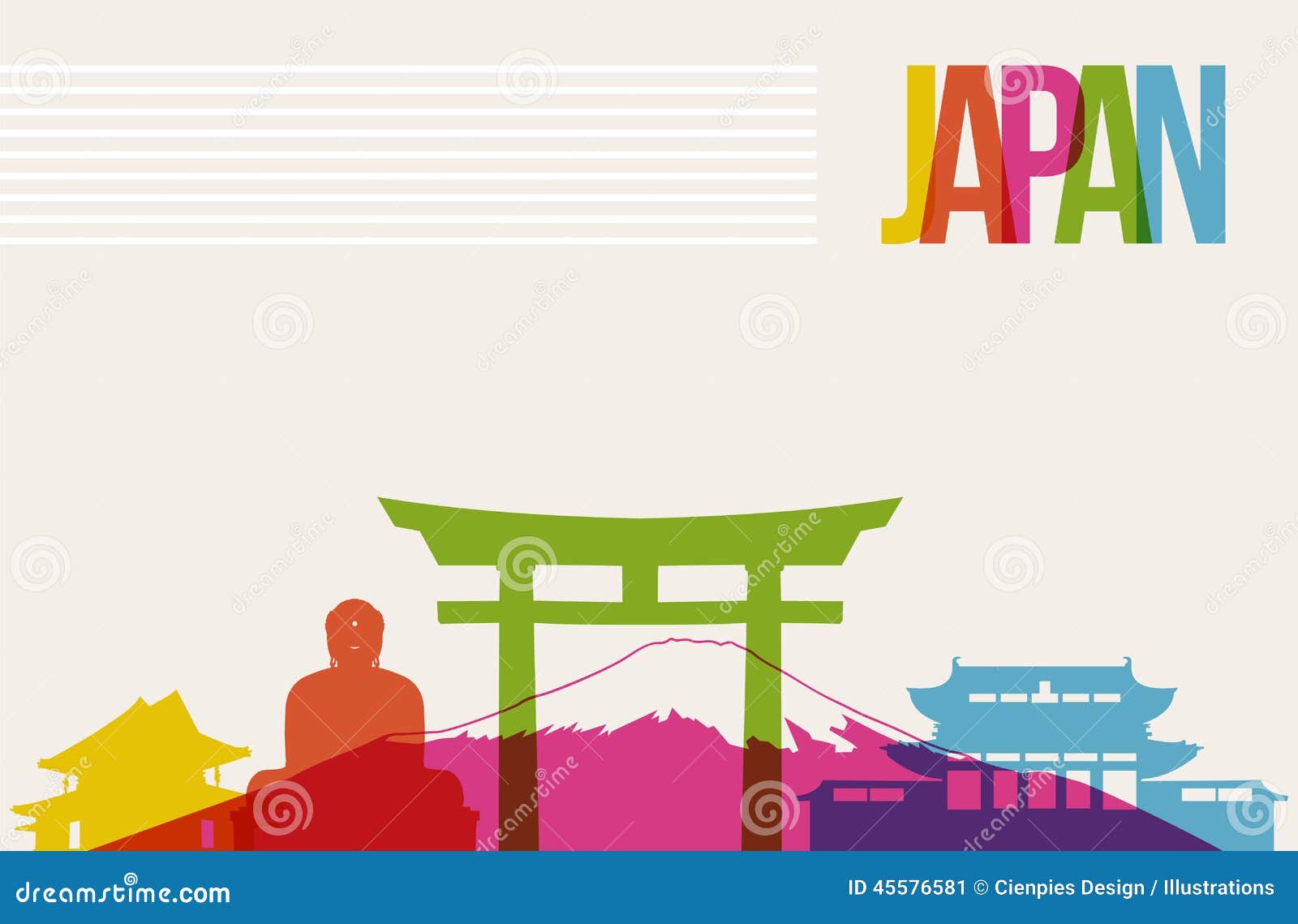 Travel Japan famous landmarks skyline multicolored design background Travel Japan famous landmarks skyline multicolored design background