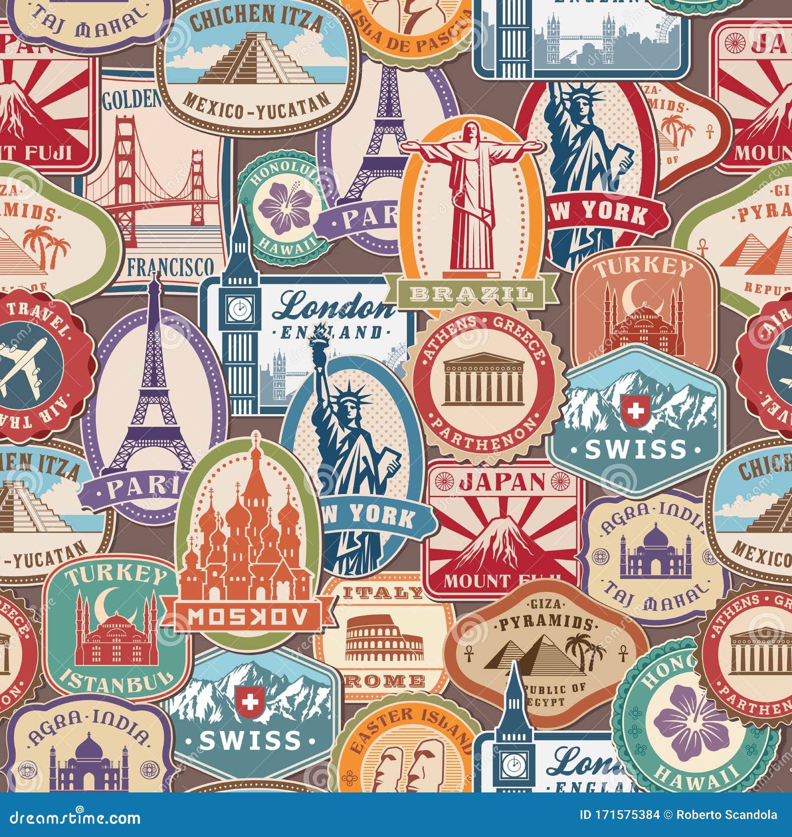 travel pattern. immigration stamps stickers with historical cultural objects