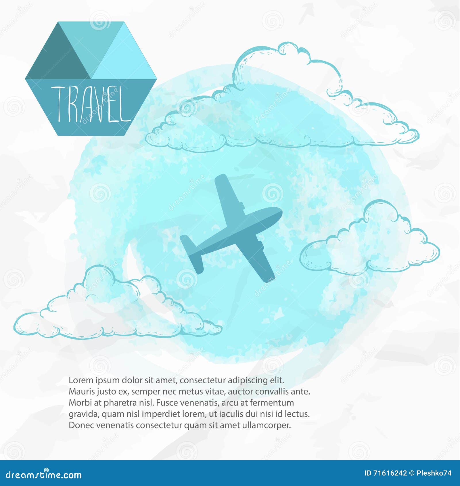 Travel By Plane. Watercolor Blue Background And Flat Style Airplane