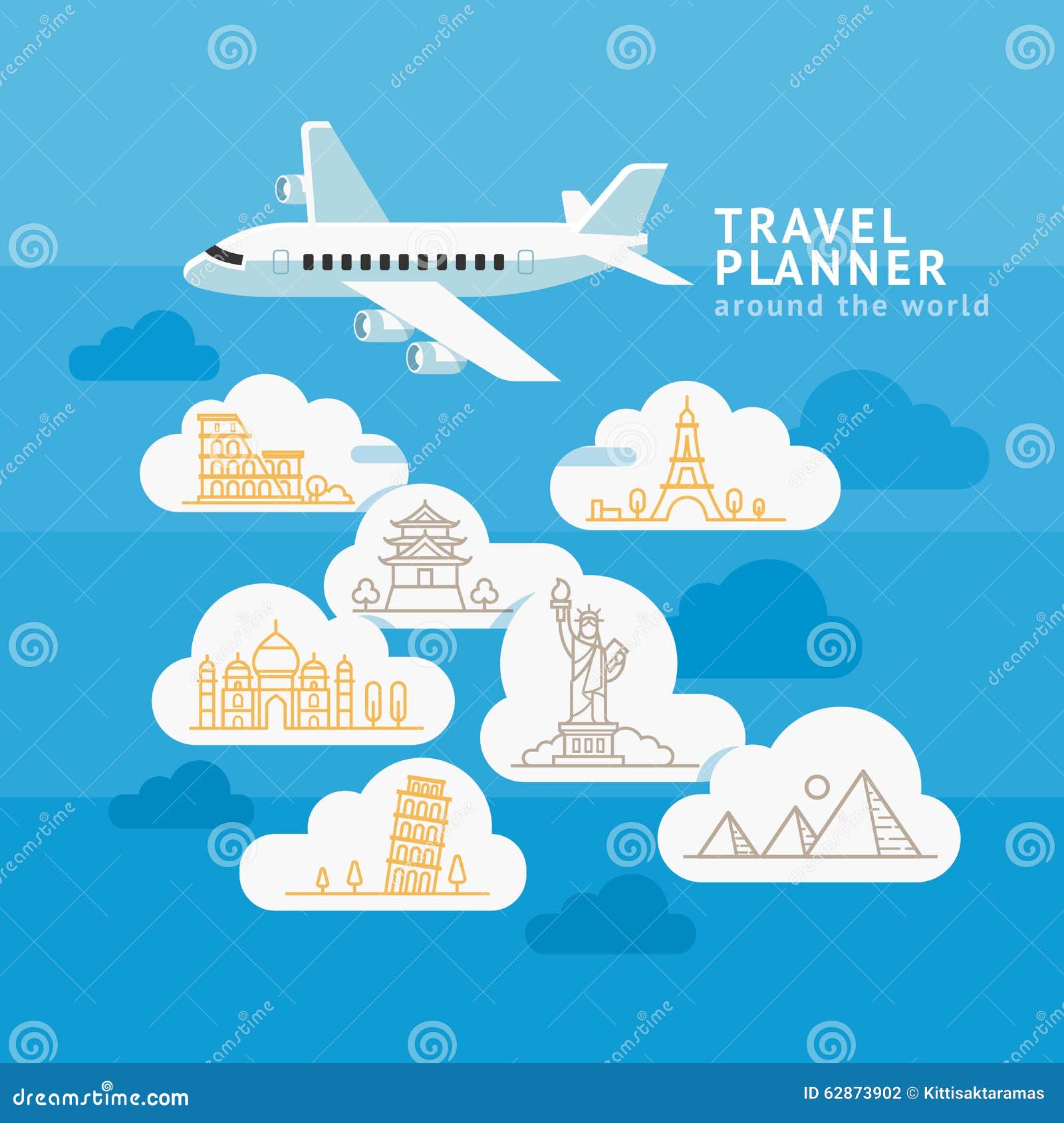 Travel Planner Around The World Airplane With Cloud Landmark Stock