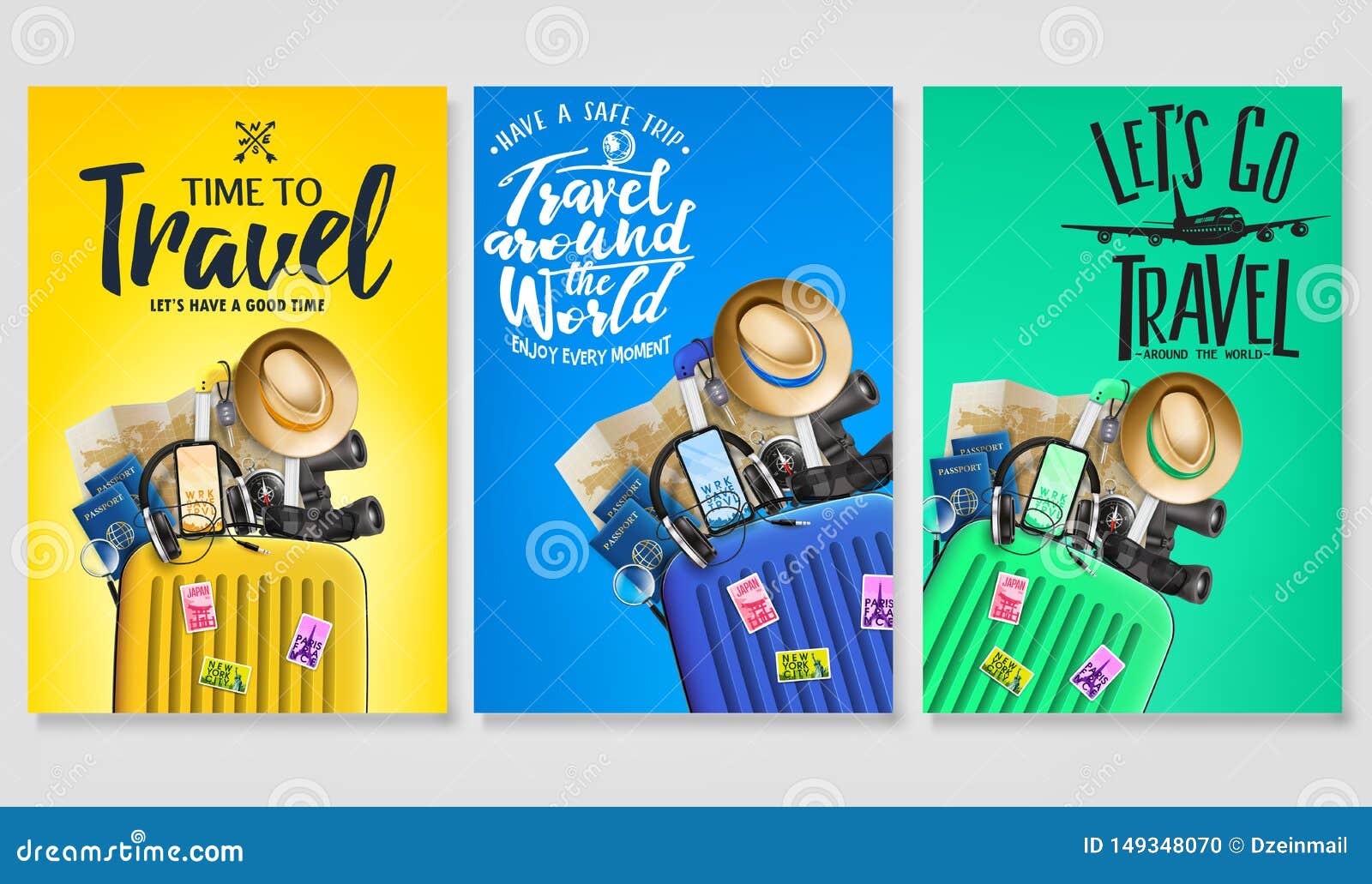 travel poster set template with traveling bag and message logo text in gradient background