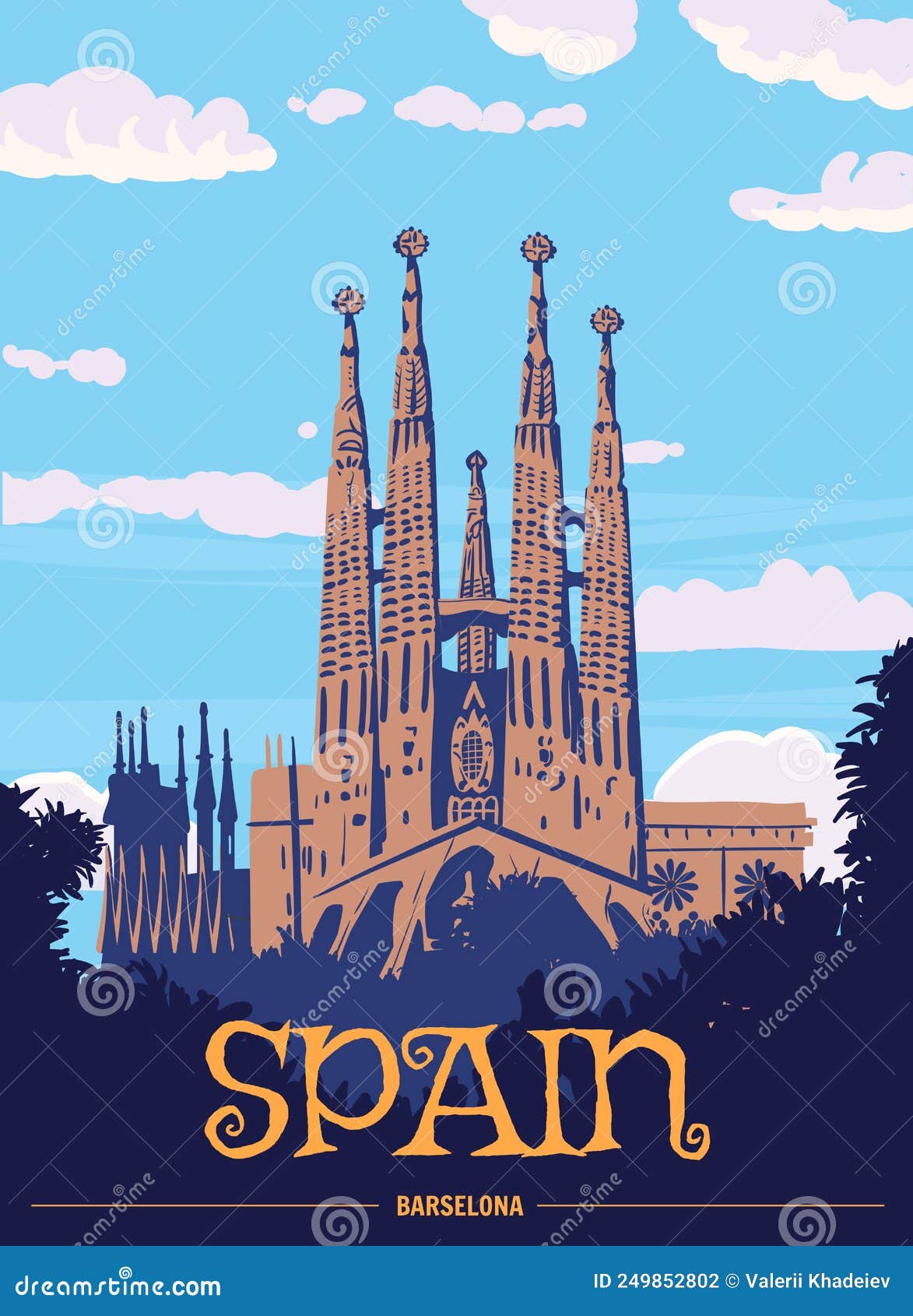 travel poster spain, barcelona vintage. sagrada familia gaudi basilica of spain, sunset sky.  