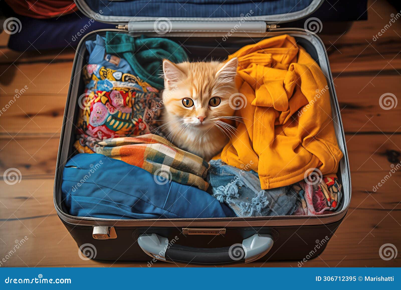 travel-ready cat in packed suitcase