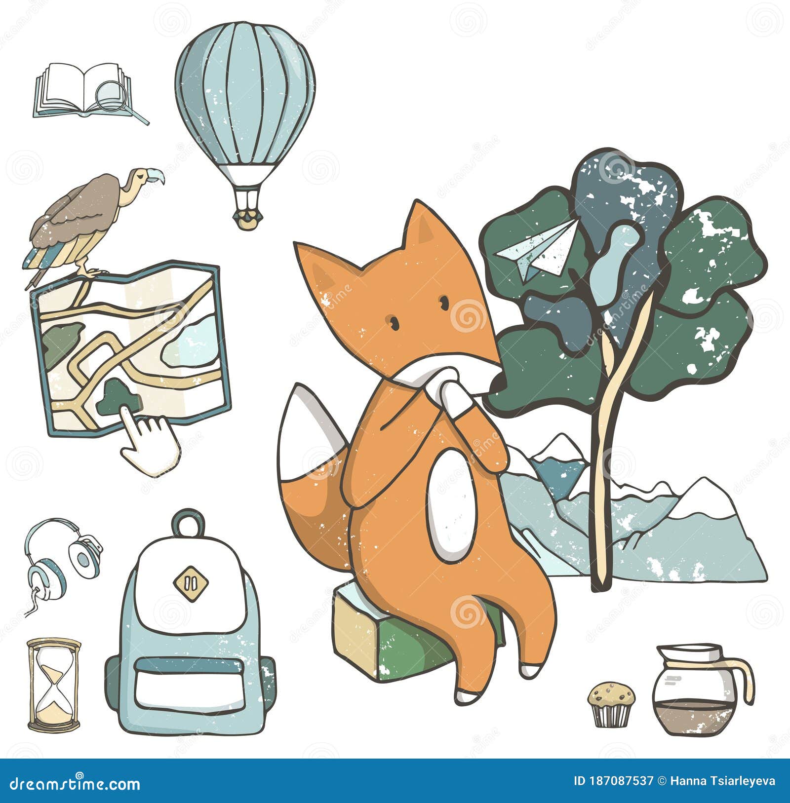 travel set of camping objects. hand drawn cartoon  with fox and icon for for searching way.  