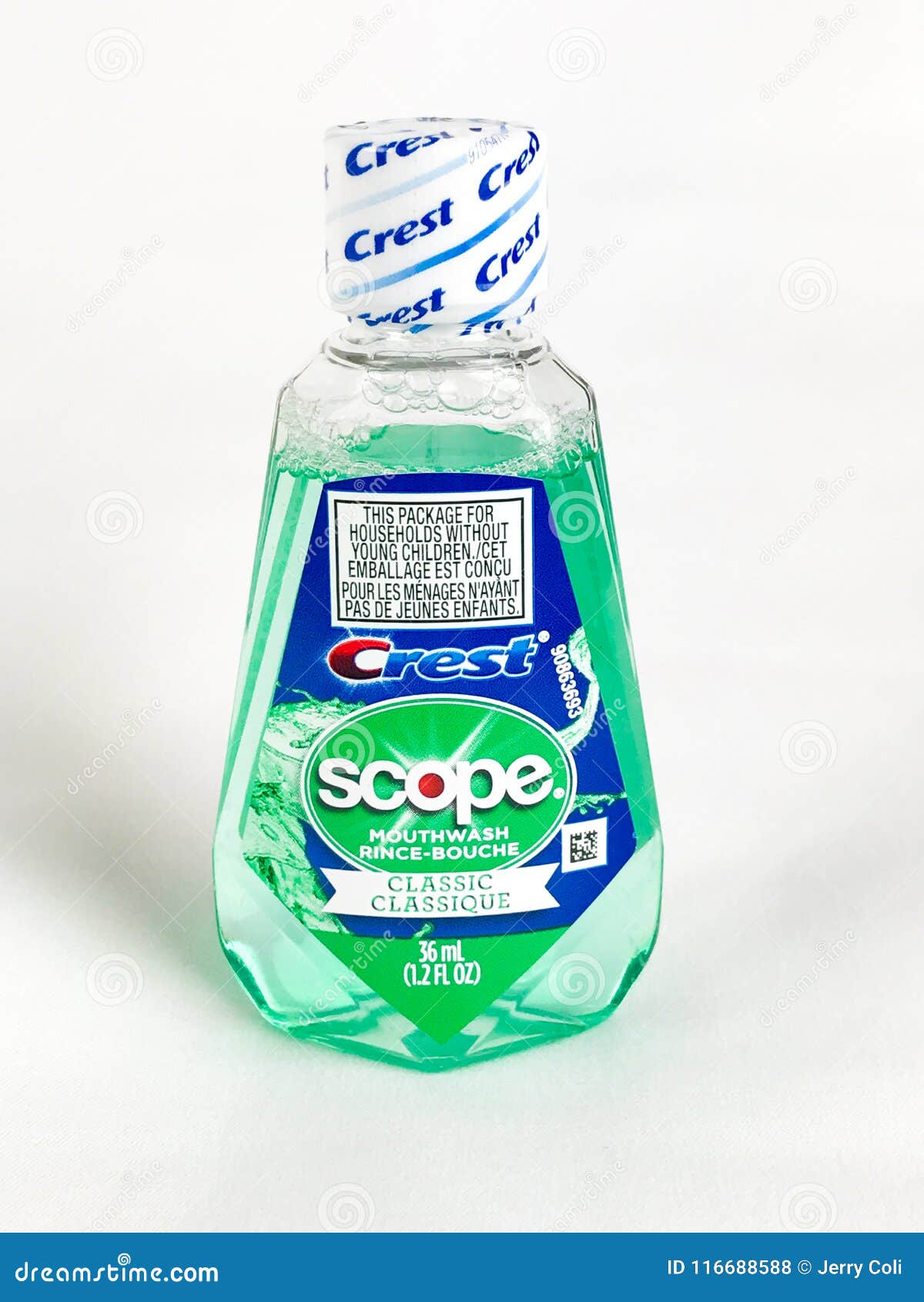 Travel Size Bottle of Scope Mouthwash on a White Backdrop Editorial