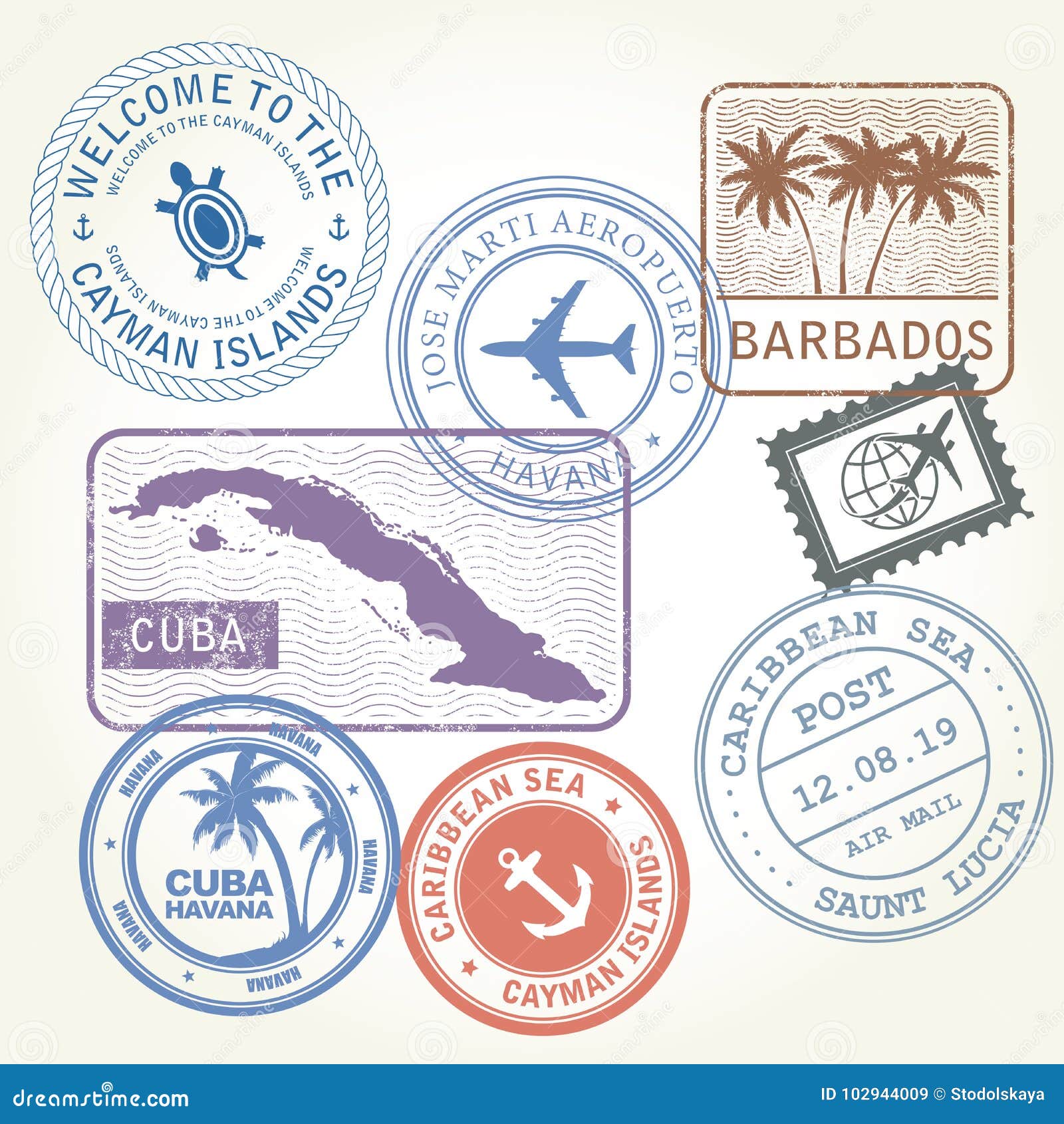 travel stamps set caribbean sea