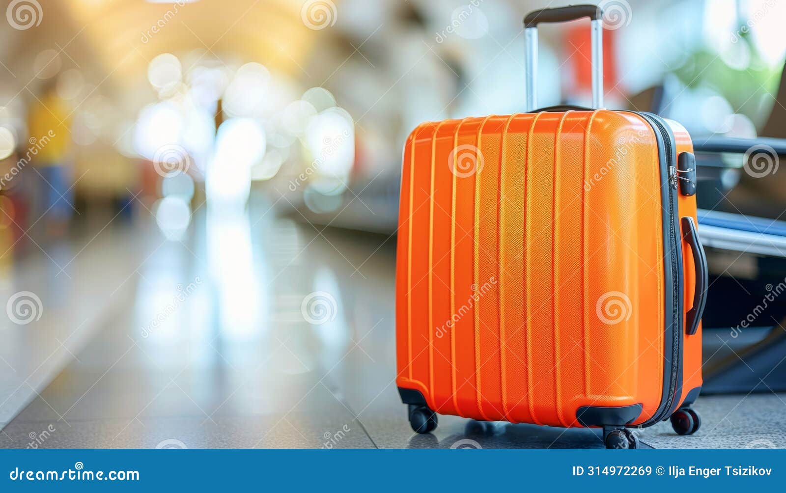 travel suitcase luggage positioned at an airport terminal entrance for passenger convenience