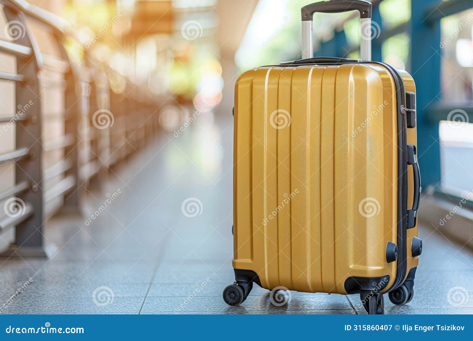 travel suitcase positioned at the entrance of a vibrant and busy international airport