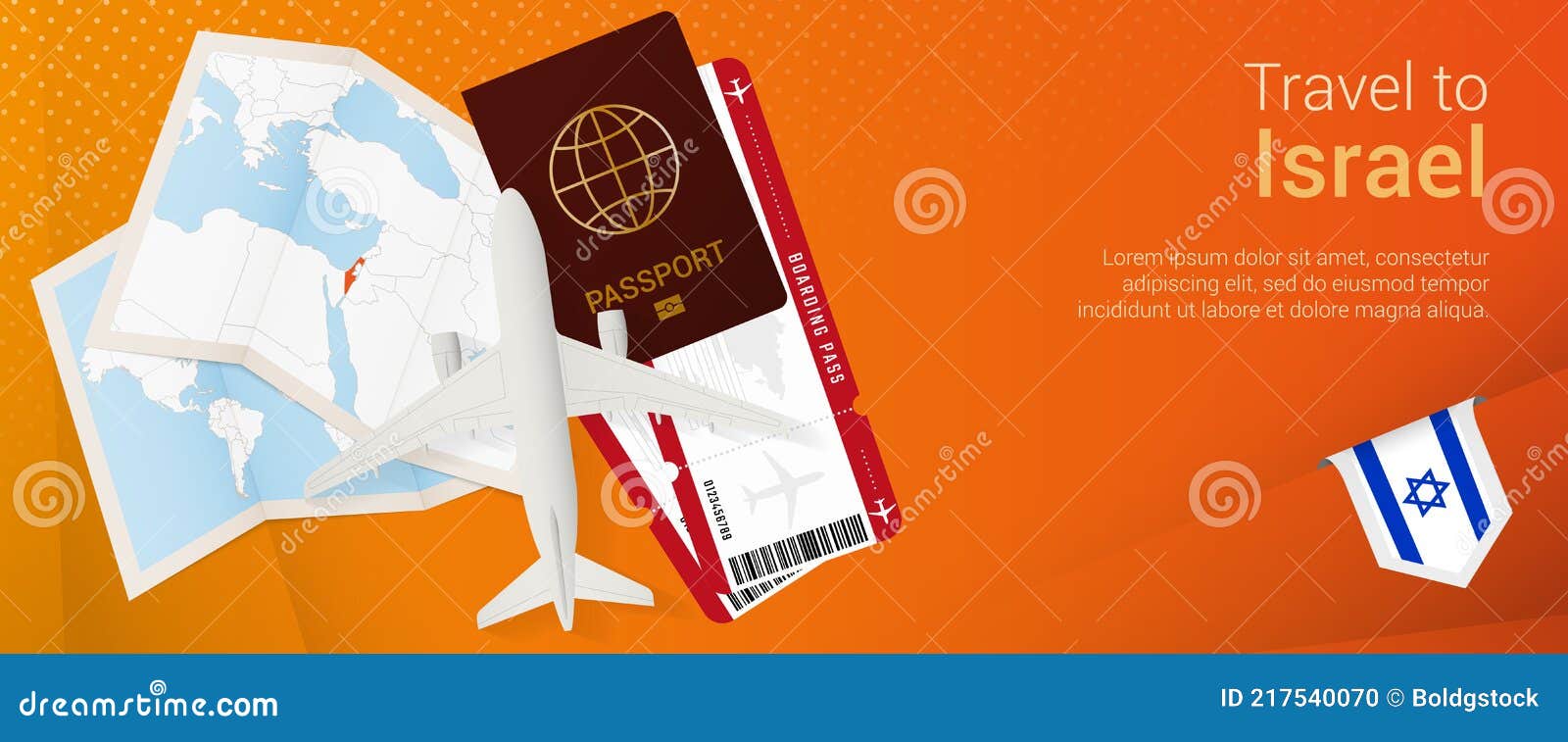 Travel To Israel Pop-under Banner. Trip Banner with Passport, Tickets, Airplane, Boarding Pass, Map and Flag of Israel Stock - Illustration of globe: