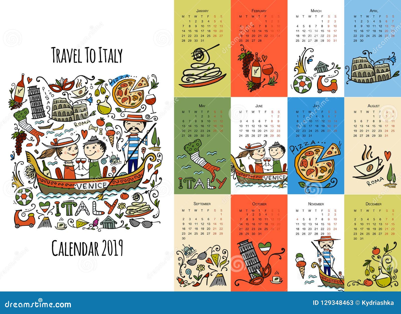 Travel To Italy, Calendar 2019 Design Stock Vector Illustration of