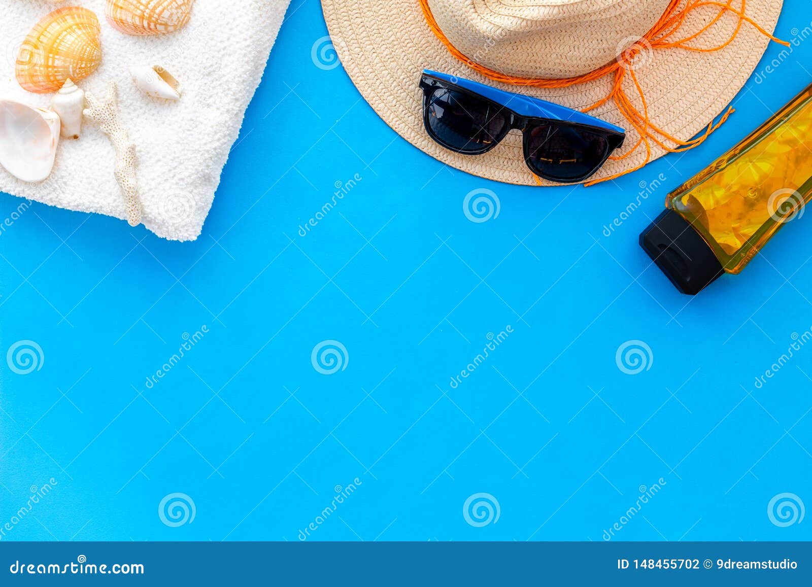 Straw Hat, Sun Glasses, Shells and Sunblock Cream for Sea Vacation on ...