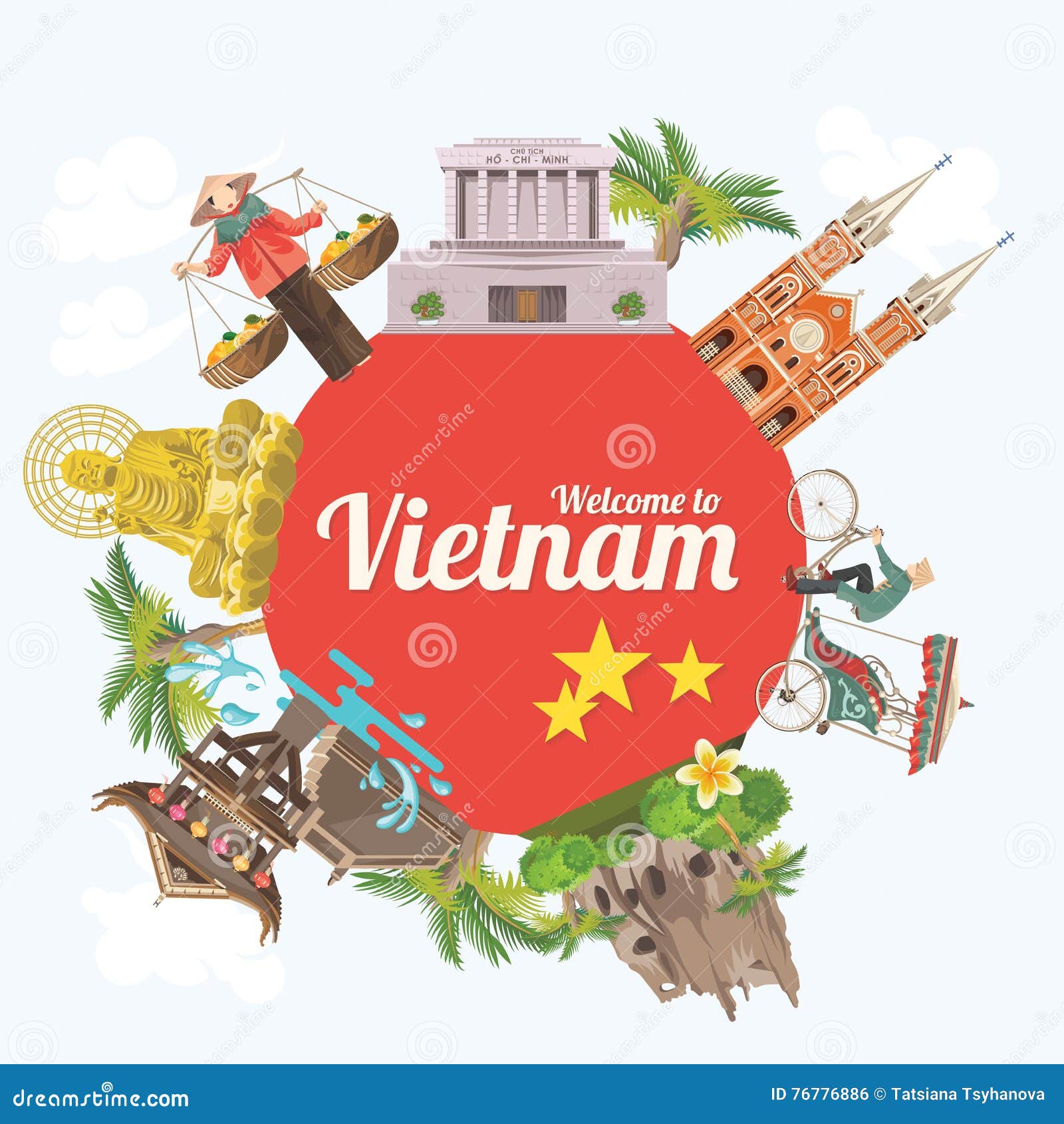 travel to vietnam card with red circle and sights