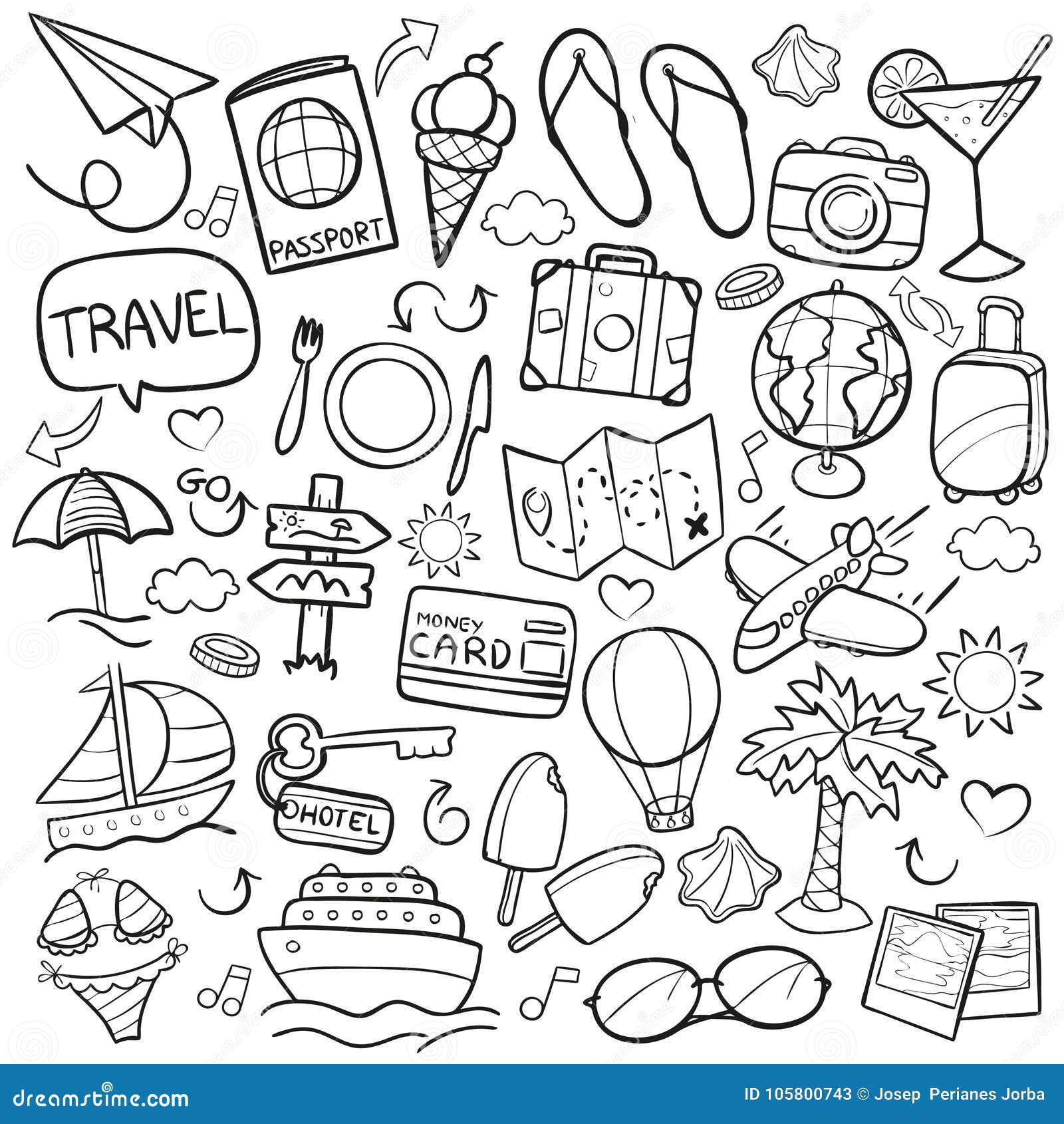 Travel Traditional Doodle Icons Sketch Hand Made Design Vector Stock