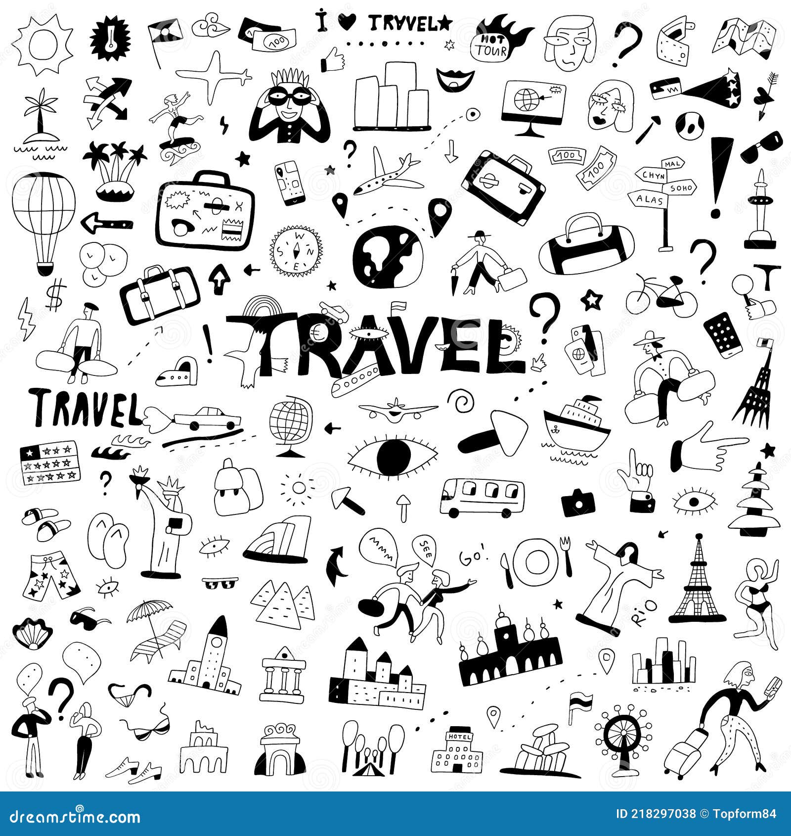 Travel , Transportation - Hand Drawn Doodle Set, Vector Graphic Icons ...